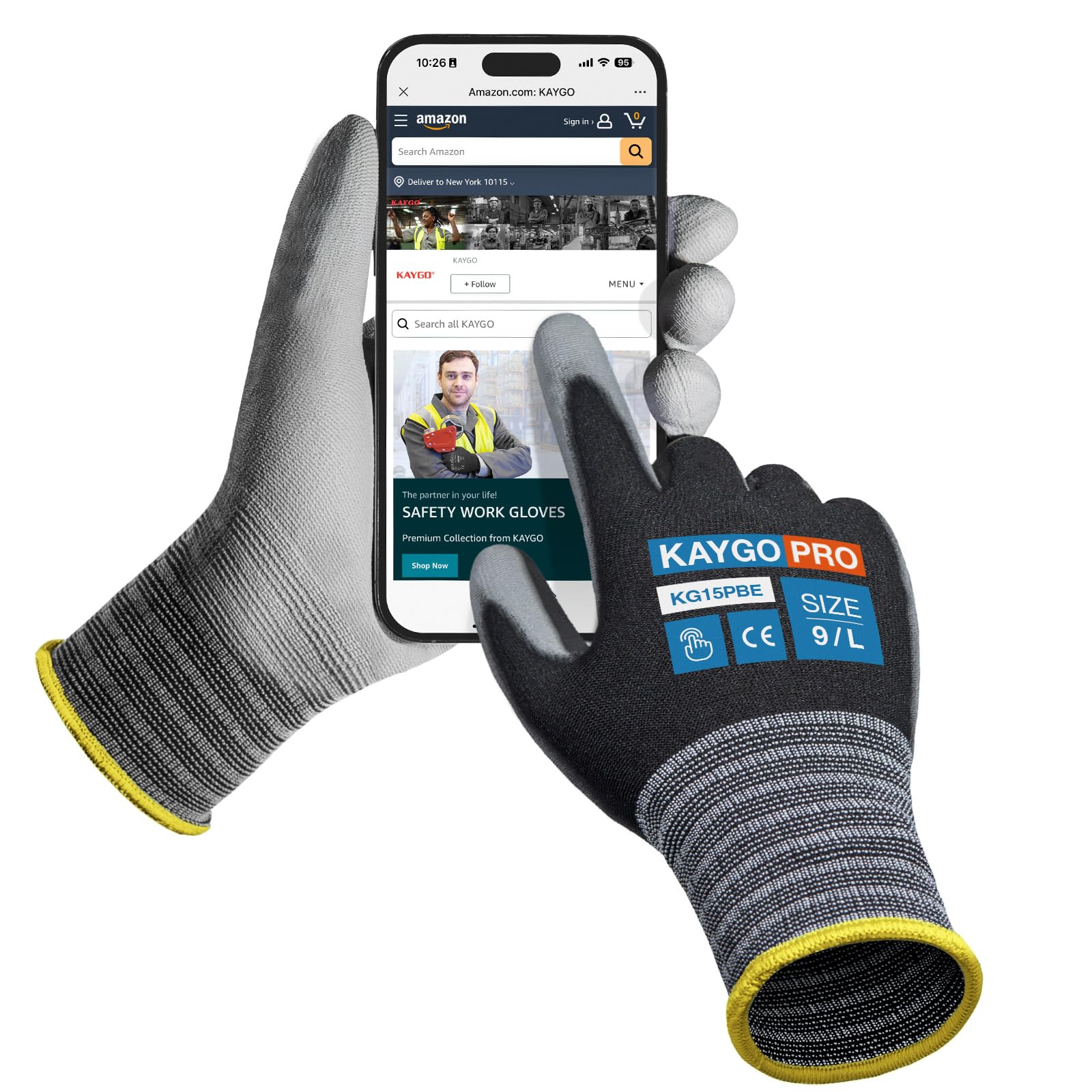 KAYGO Thin Work Gloves PU Coated 12 works Touchscreen, KG15P
