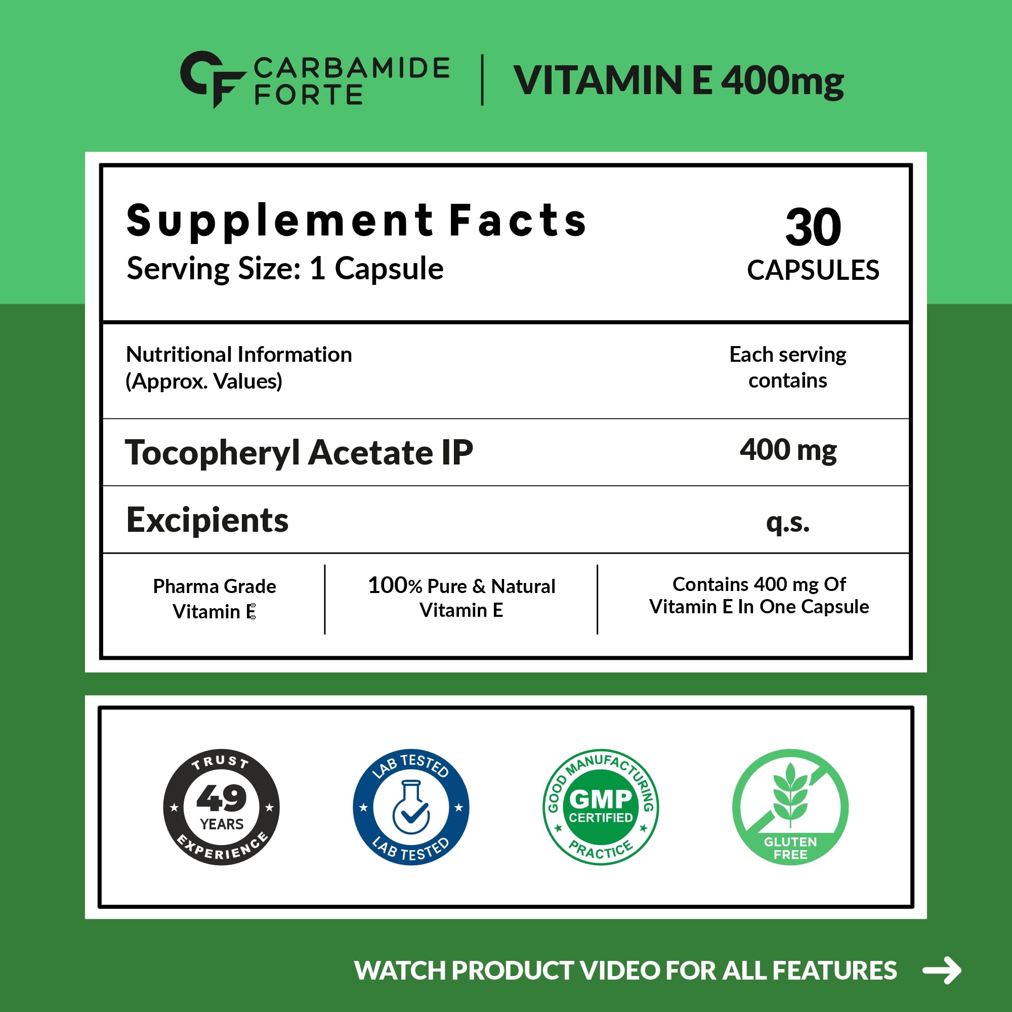 Carbamide Forte 400 mg Vitamin E Capsules for Face and Hair | 100% Natural Vitamin E Supplement with VitaminE Oil | Paraben Free - 30 Capsules — Amazon image 2