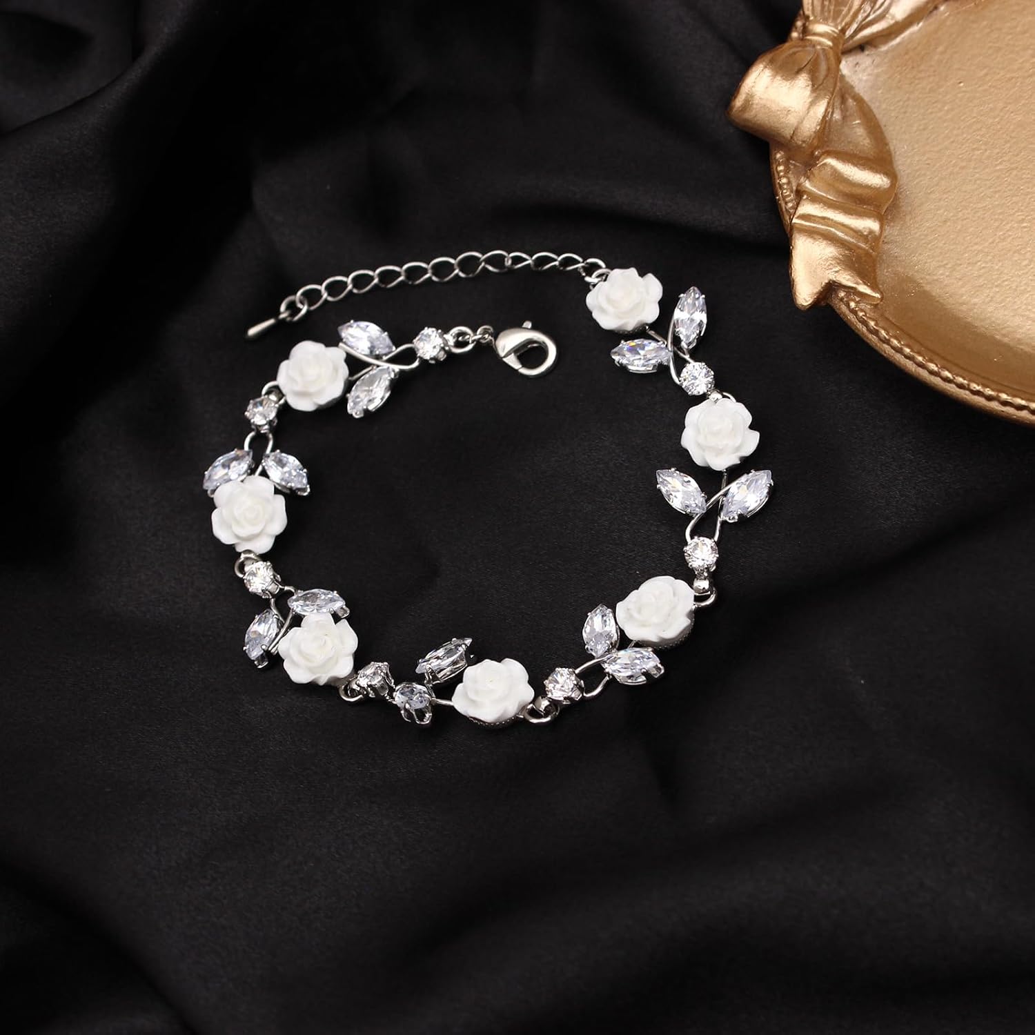 Luxury Cubic Zirconia White Flower Necklace Dangle Earrings Bracelet Prom Bride Wedding Jewelry Sets for Women - Image 6