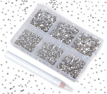 Bymitel 7200 Pieces 6 Mixed Sizes Glue Fix on Glass Rhinestones Round Crystal Gems Flatback for DIY Jewelry Making with one Picking Pen6-Sizes 7200PCS, Clear Crystal