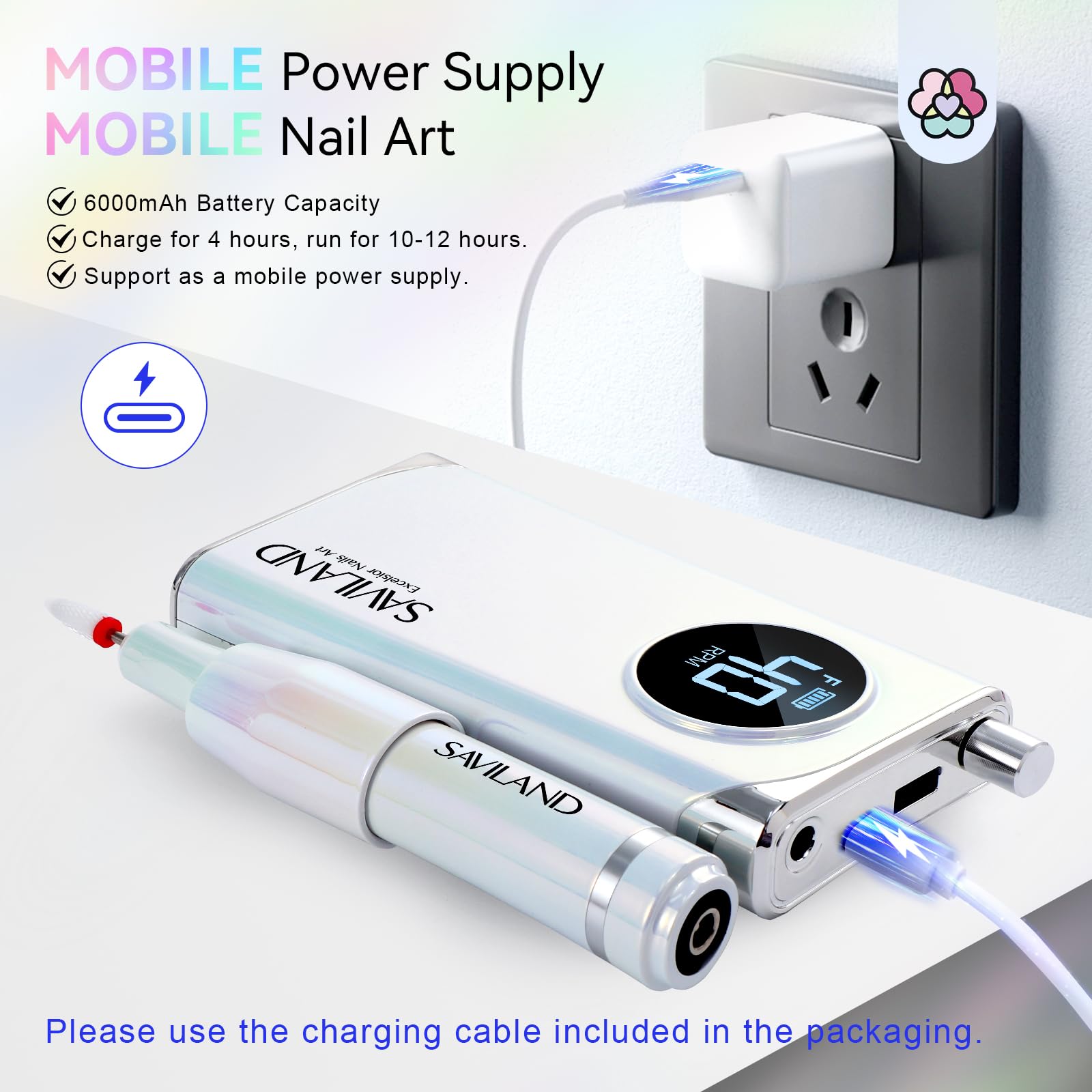 Saviland Electric Nail File 40000RPM: Professional Rechargeable Nail Drill for Acrylic Nails Gel Polishing Removing Adjustable Speed Low Vibration Safe E File with 13 Drill Bits for Nails Manicure - Image 3