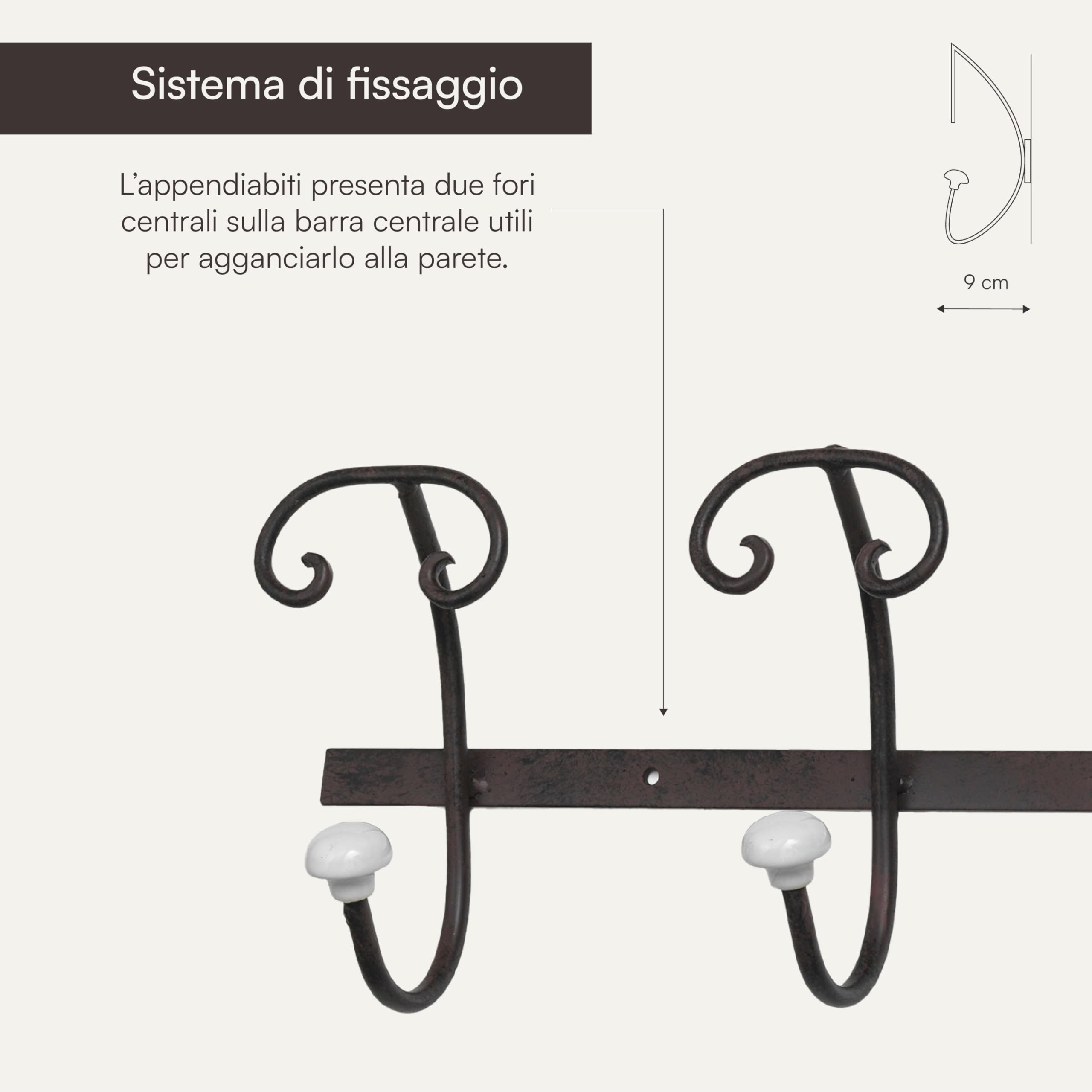Baroni Home Appendiabiti da Parete Shabby Chic Nero, Attaccapanni in Ferro con 4 Ganci Doppi, 8 Posti – Design Decorativo da Muro, Appendiabiti da ingresso, 59x9x18 cm Nero