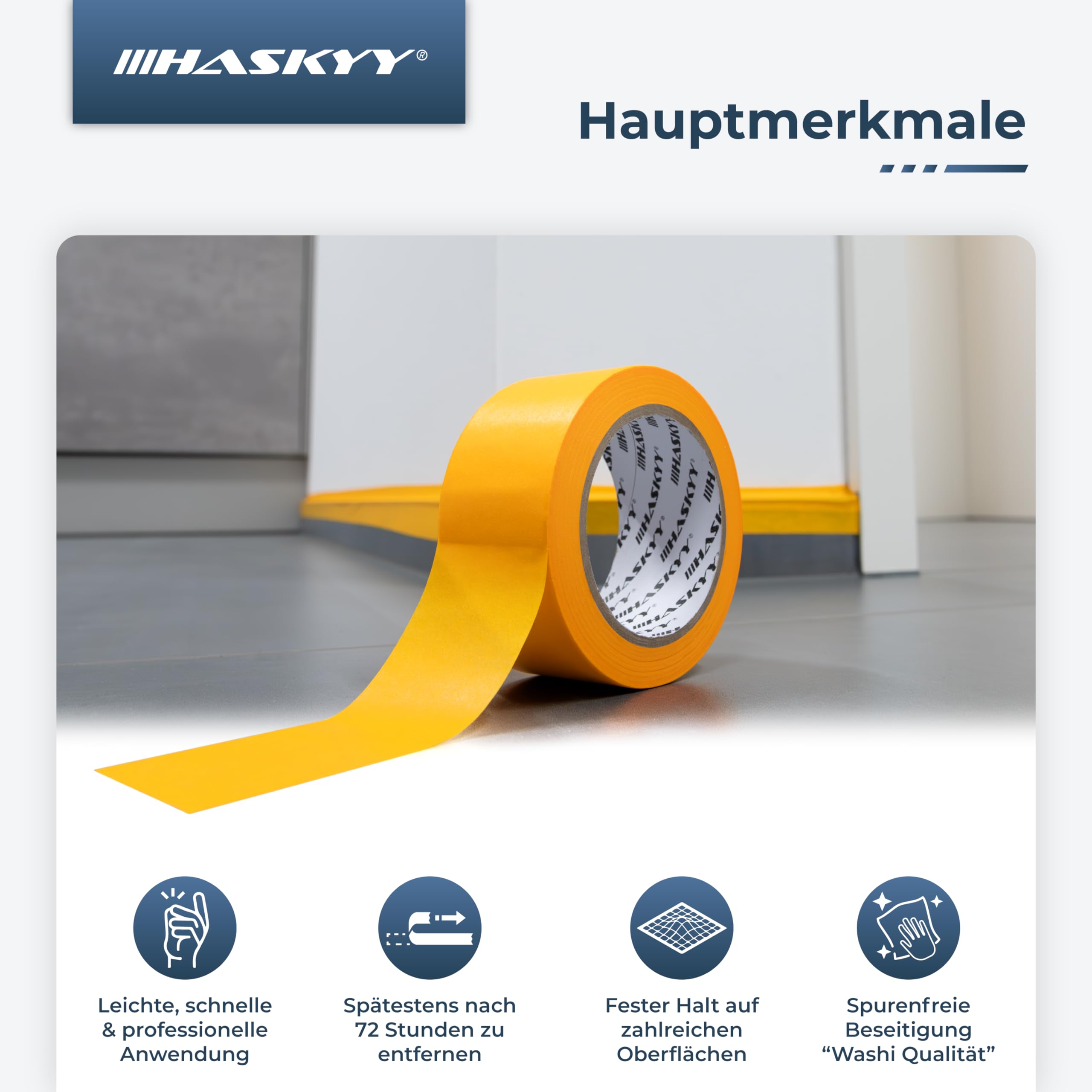 HASKYY Cinta de Pintor 38mm x 50m - 50 rollos de cinta de carrocero pintura, masking tape - Enmascarar Paredes de Precisión Cinta Adhesiva no Deja Residuos