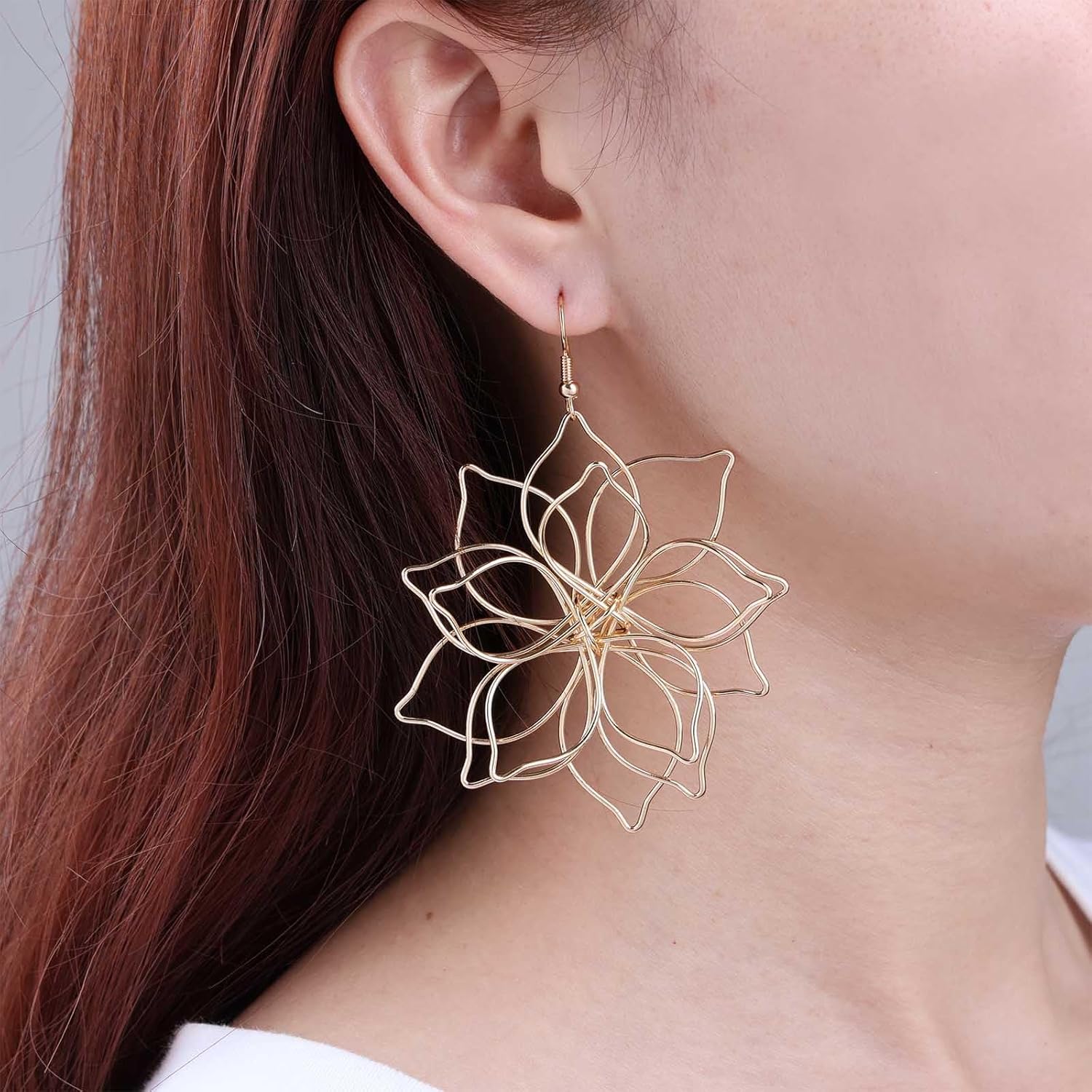 Large Lotus Flower Earrings Gold Hollow Flower Earrings Big Lotus Dangle Earrings Vintage Huge Floral Earrings Exaggerated Flower Drop Earrings Statement Metal Earrings - Image 7