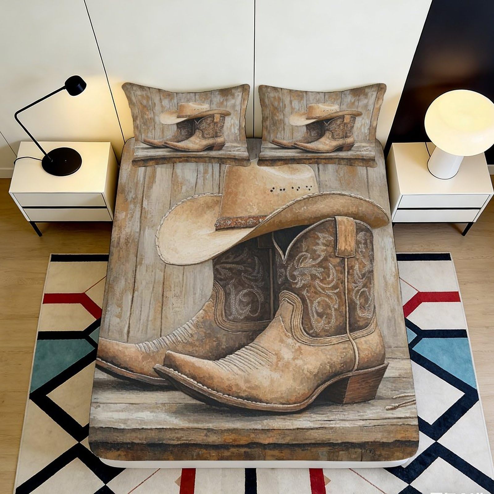 3D Printed Cowboy Boots Fitted Sheet Microfiber Soft Durable Western Hat Bed Cover for Bedroom Dormitory Guest Room Mattress Protection Decor 160x200x25cm