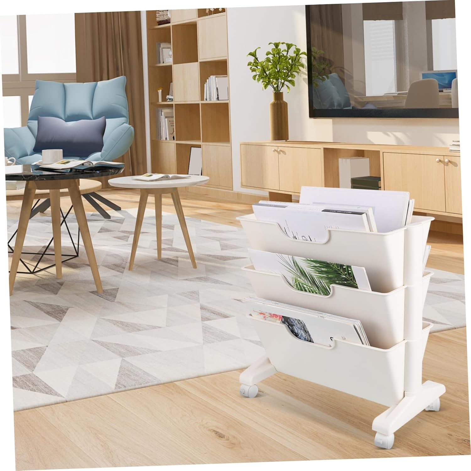 Mobile Bookshelf on Wheels Movable Rolling Storage Cart Classroom Organizer 3-Tier Design Sturdy Steel Frame for Office and Home Use