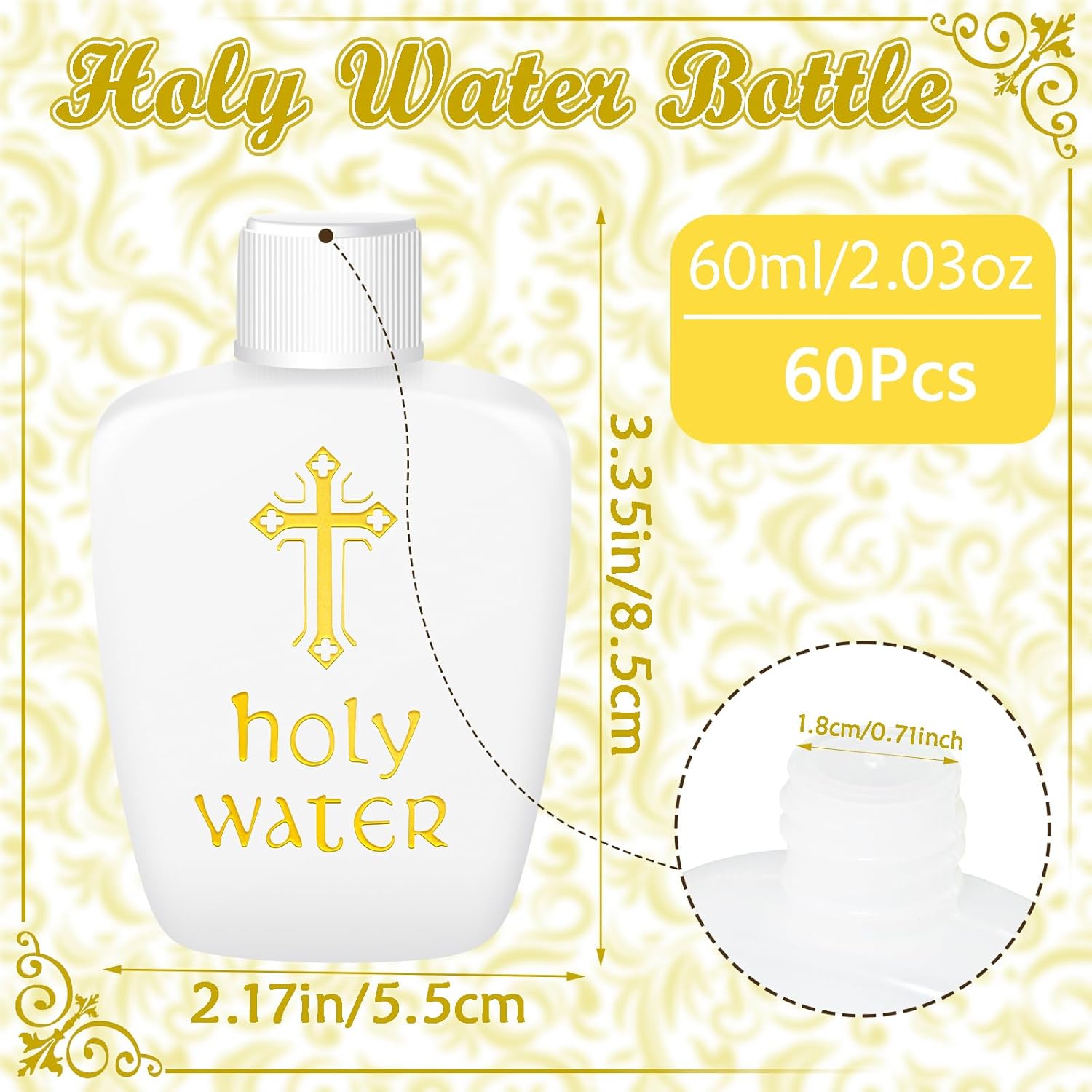 60Pcs Holy Water Bottles Plastic 2oz Holy Water Container Empty Containers with Gold Cross for Catholic Christian Halloween First Communion Gift Thanksgiving Baptism Party Church 60ml