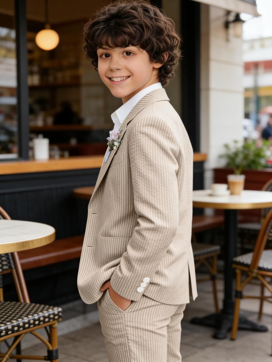 Boys Seersucker Suit 2 Piece Slim Fit Summer Beach Wedding Outfit Kids Blazer Jacket Dressing Pants Suits for Toddler Teenage - Image 9