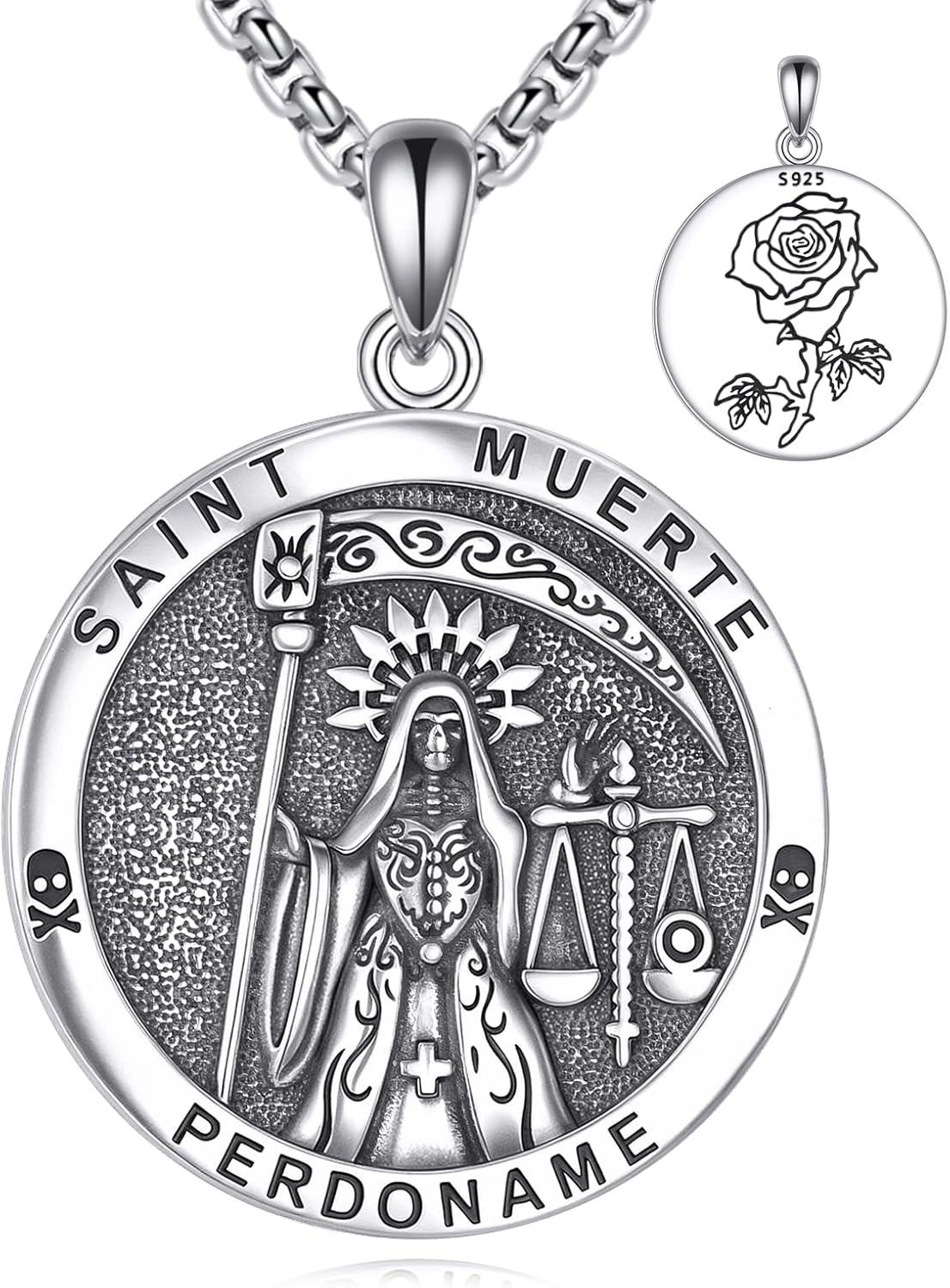 Santa Muerte Necklace for Women Men 925 Sterling Sliver Vintage Amulet Medal Pendant Religious Jewelry Gifts Protector Amulets