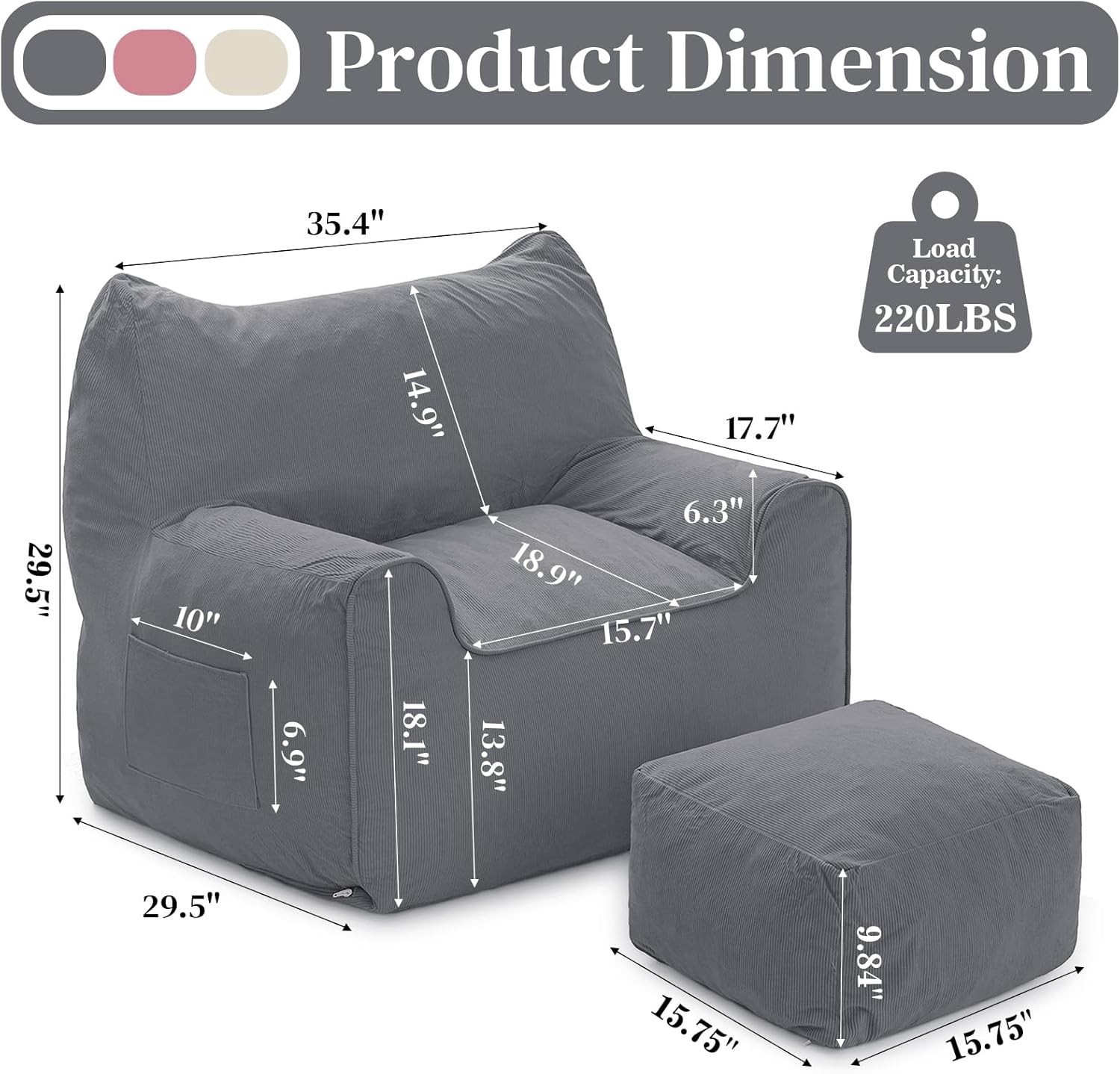 HOMMPA Bean Bag Chairs with Ottoman Cat Shaped Comfy Bean Bag Sofa for Adults Large Reading Couch for Living Room Bedroom Dorm,Grey