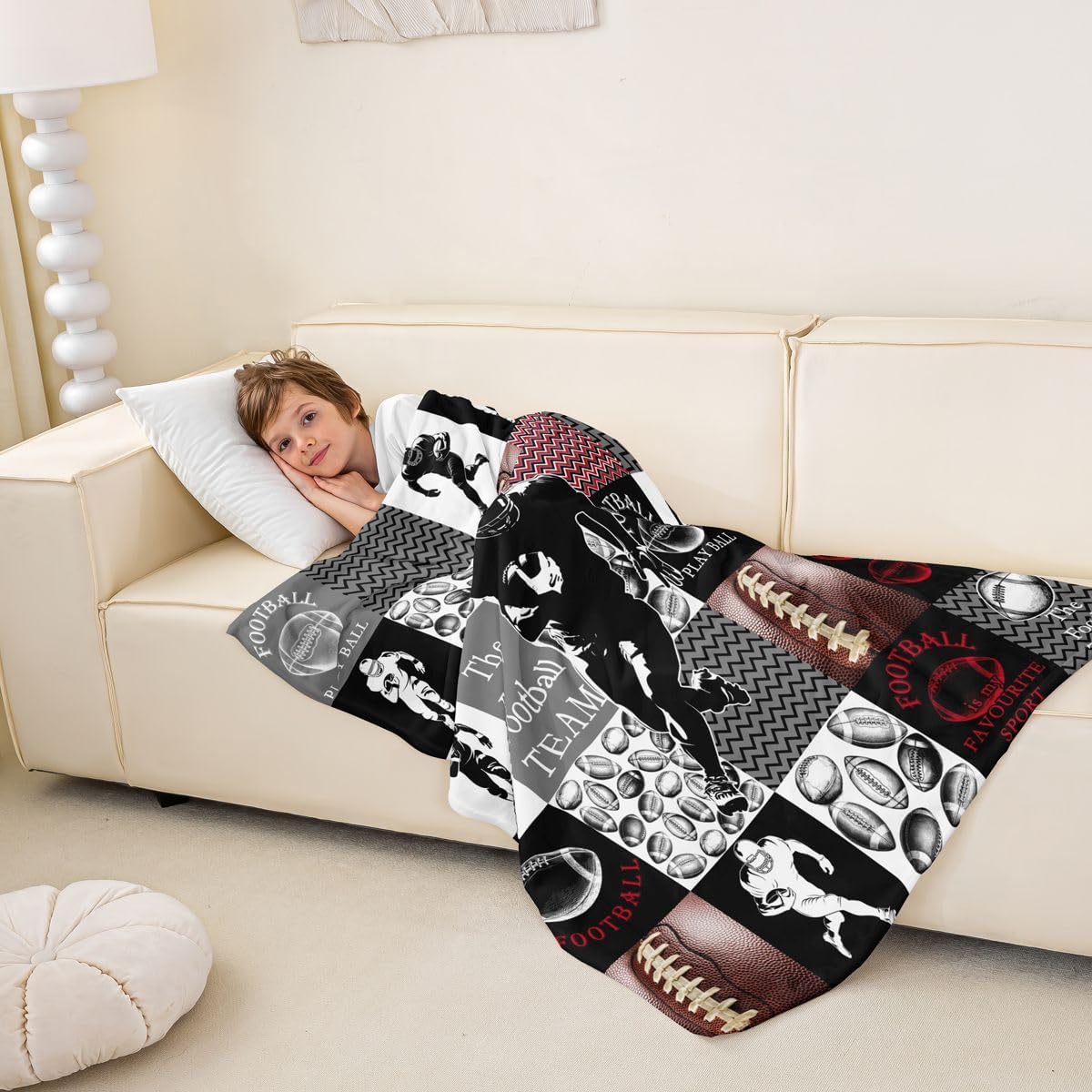 Feelyou Football Fleece Throw Blanket Sports Geometric Black Patchwork Flannel Blanket Plush Fuzzy Rugby Gaming Sports for Bed Couch Chair Living Room Queen 90"x90" Bedroom Decor image 3