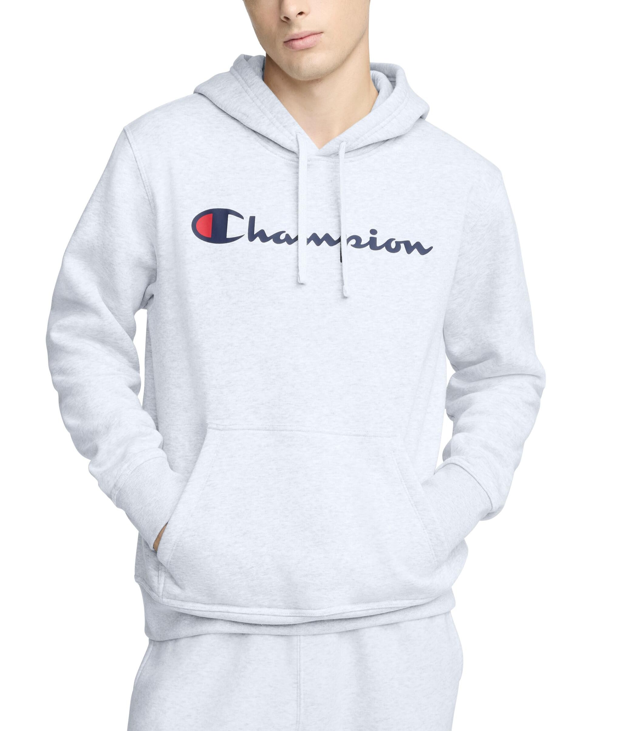 Champion Men's Graphic Powerblend Fleece Hood Sweatshirt, Oxford Grey/Champion Script, XXL