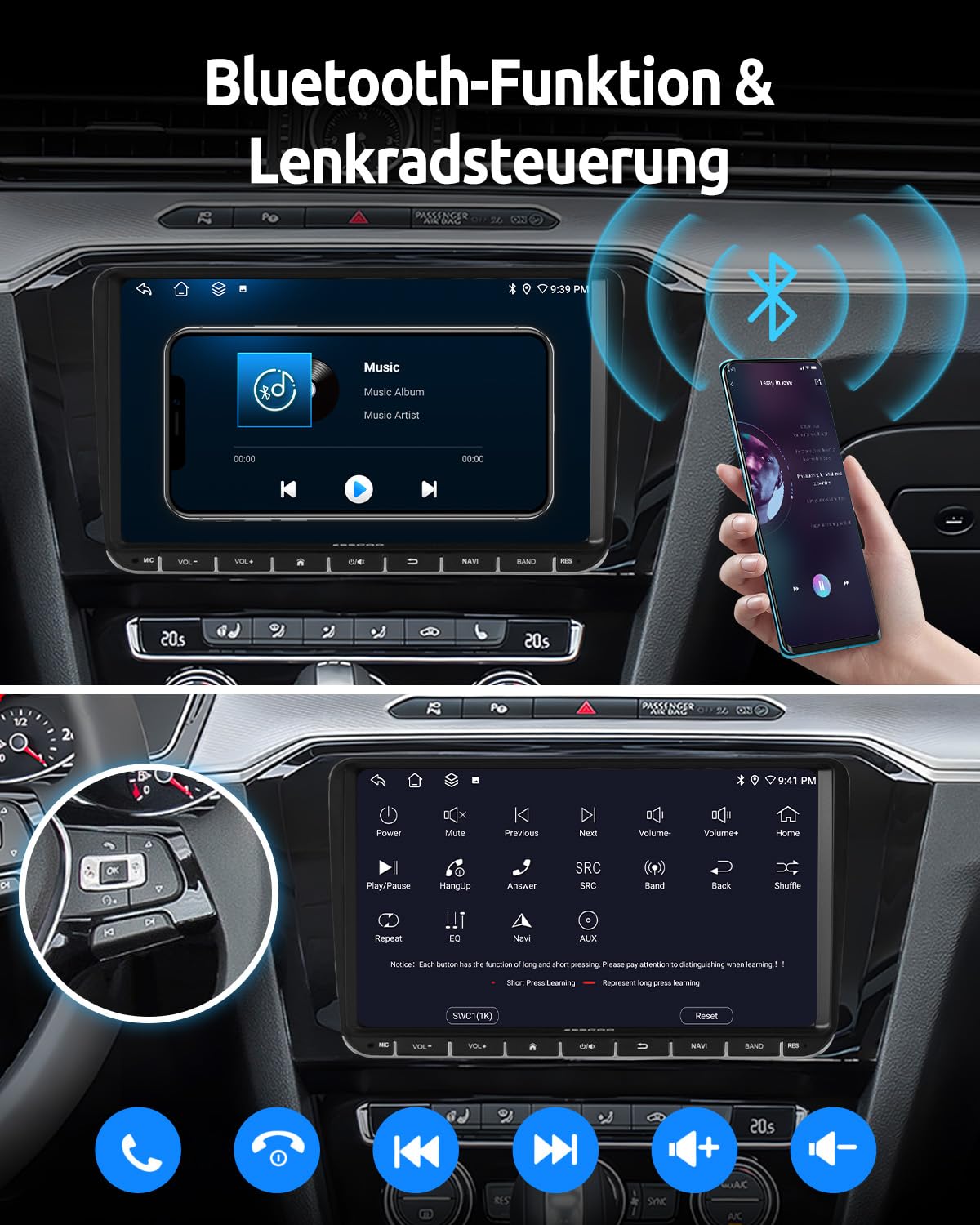 Essgoo 4+64G Autoradio 9 Zoll Android 14 Radio mit Carplay und Wireless Auto für VW Golf 5 6 Touran B6 EOS Tiguan Polo mit Bluetooth GPS RDS Navi Mirror Link FM SWC
