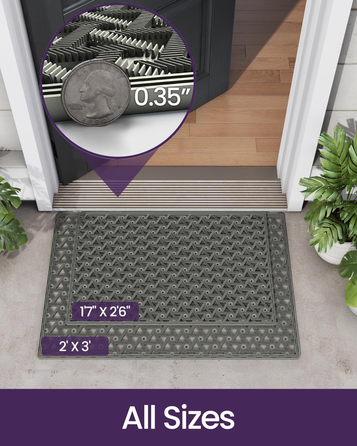 DEXI Front Door Mat Outside Entrance Rubber 19x30, Welcome Floor Doormat Heavy Duty Non Slip, Dirt Trapper Waterproof Exterior Entry Mats All Weather for Patio Entryway Drainage, Grey