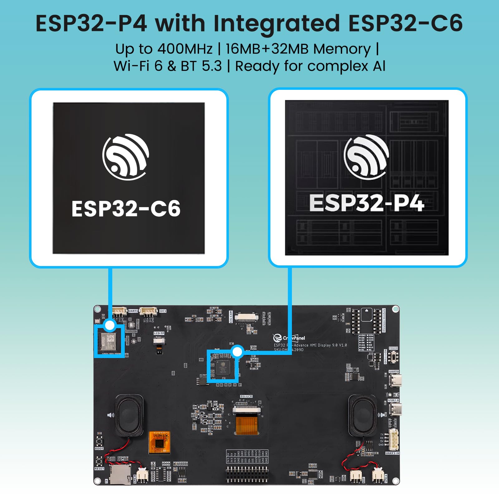 ELECROW ESP32 Display 1024x600, 9 Zoll HMI ESP32-P4 IPS Touchscreen, Unterstützung für KI-Sprachinteraktion, ESP32-P4 Dual-Core-Prozessor, bis zu 400MHz, kompatibel mit Arduino, LVGL (ohne Kamera)