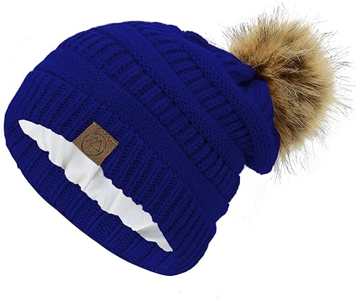 American Trends Gorros de invierno para mujer, gorro holgado con forro de satén y pompón cálido de punto trenzado para nieve