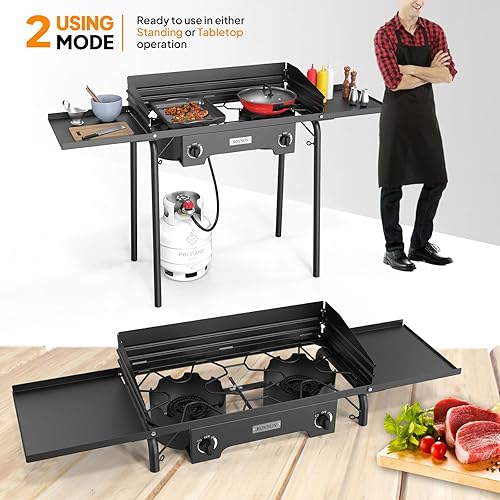 Miniatura 5 de ROVSUN Estufa de gas propano para exteriores de 2 quemadores con regulador, panel de viento, bolsa y estantes laterales, potente olla de pie de
