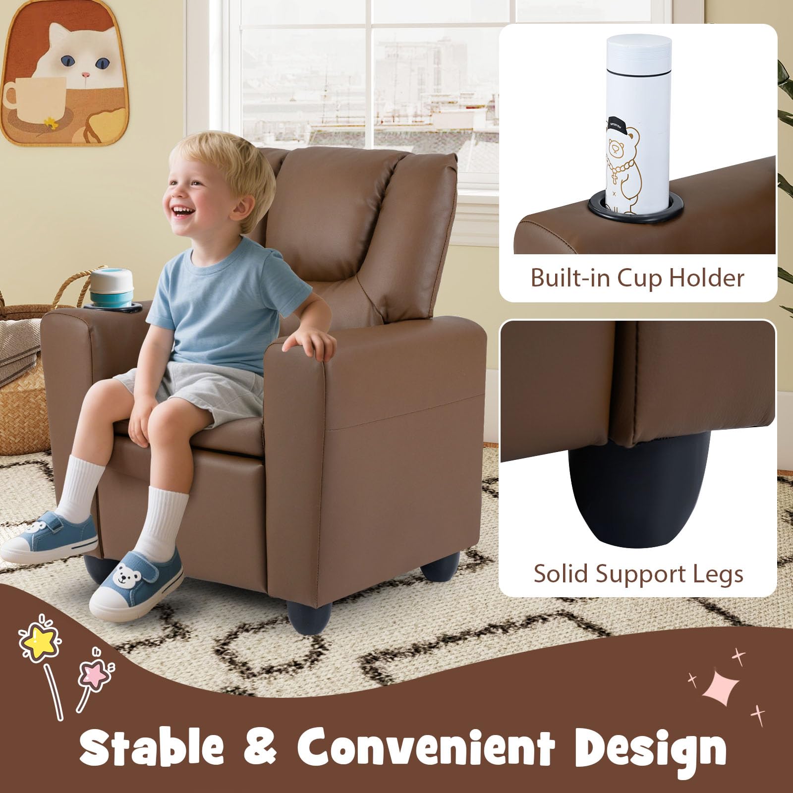 LIFEZEAL Kindersofa, Kindersessel mit Liegefunktion, 2-in-1-Relaxsessel für Kinder, Kindercouch mit Verstellbarer Fußstütze & Getränkehalter, Kleines Sofa für Kinderzimmer, Spielzimmer (Braun)