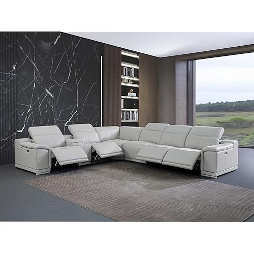 Blackjack Furniture Venice 7 Piece Top Grain Italian Leather Sectional Sofa with 4-Power Recliners, Adjustable Headrest, Lumbar Support, USB & Wireless Charger, Large Storage, 1 Console, Light Grey