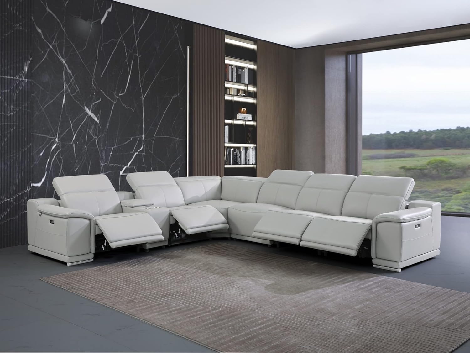 Blackjack Furniture Venice 7 Piece Top Grain Italian Leather Sectional Sofa with 4-Power Recliners, Adjustable Headrest, Lumbar Support, USB &amp; Wireless Charger, Large Storage, 1 Console, Light Grey