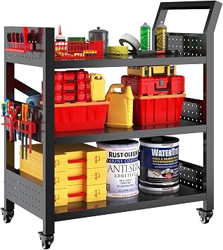 Work Bench with Pegboard,Heavy Duty 3000lbs Capacity Workbench with Wheels Adjustable Shelves,Tool Cart,Work Table for Garage Warehouse30.31"*24.31"*13.78"Black