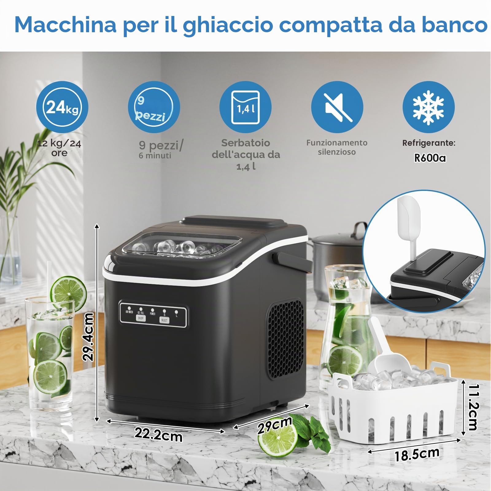 Macchina Ghiaccio, 12 kg/24h, 9 Cubetti di Ghiaccio in 6 Minuti, 2 Dimensioni di Ghiaccio, Silenzioso, Macchina del Ghiaccio Casa Autopulente con Maniglia/Cestello/Paletta, per Cucina/Ufficio/Bar