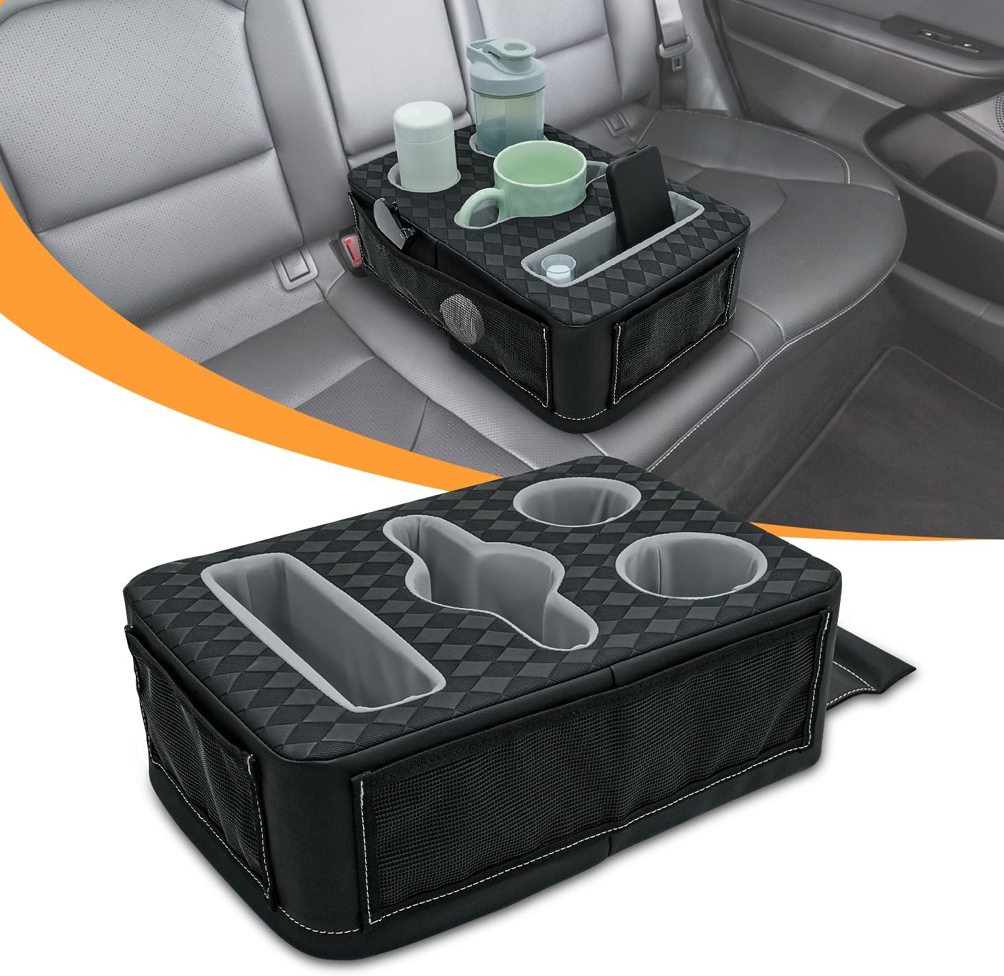 Back Seat Cup Holder for Car, Truck Bed Organizer Boat Couch Car Cup Holder Tray Expander Automotive Rear Seat Storage Accessories Non-Slip Spill-Resistant Pu Leather Fit for Coffee Drink Food