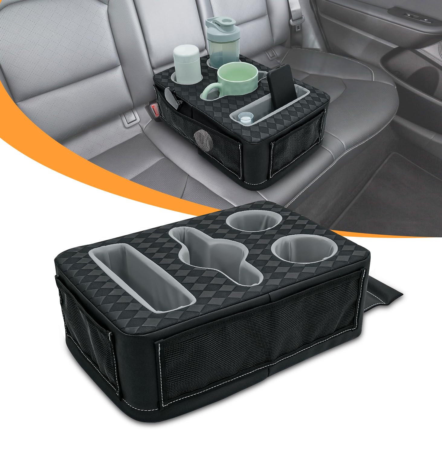 Portavasos para asiento trasero de coche, organizador para cama de camión, bote, sofá, bandeja expansora para portavasos de coche, accesorios de almacenamiento para asiento trasero de coche, antideslizante, resistente a derrames, de piel sintética, apto para café, bebidas y comida.