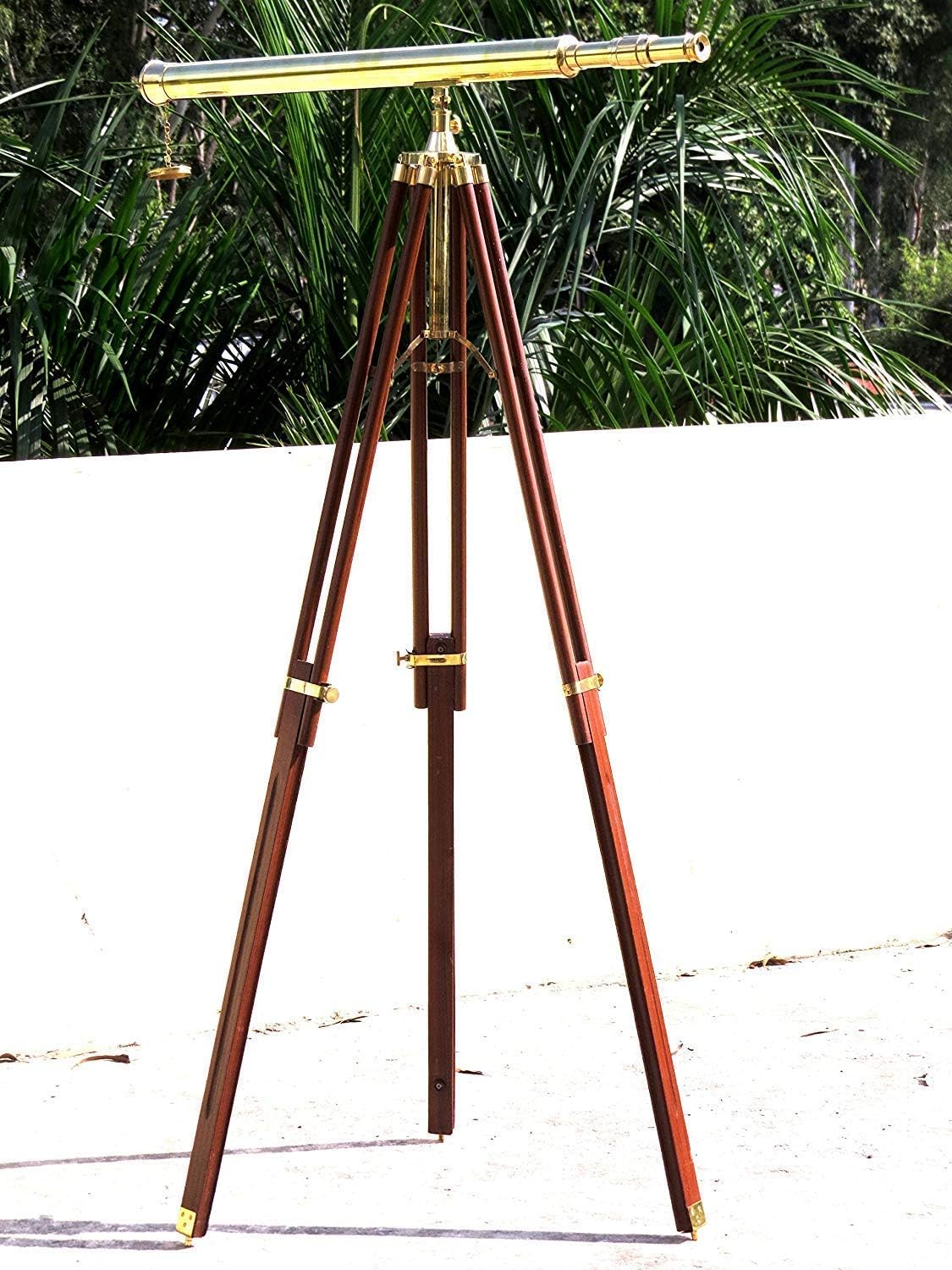 Vintage Solid Brass Nautical Port Marine Navy Floor Standing Telescope Single Barrel Brass Finish & Brown