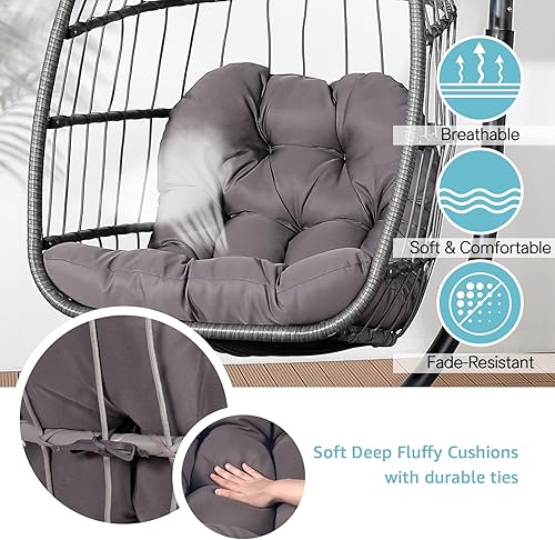 Miniatura 6 de Patiorama Silla columpio de huevo para interiores y exteriores sin soporte silla colgante de ratán de mimbre para patio con cojín capacidad de 350