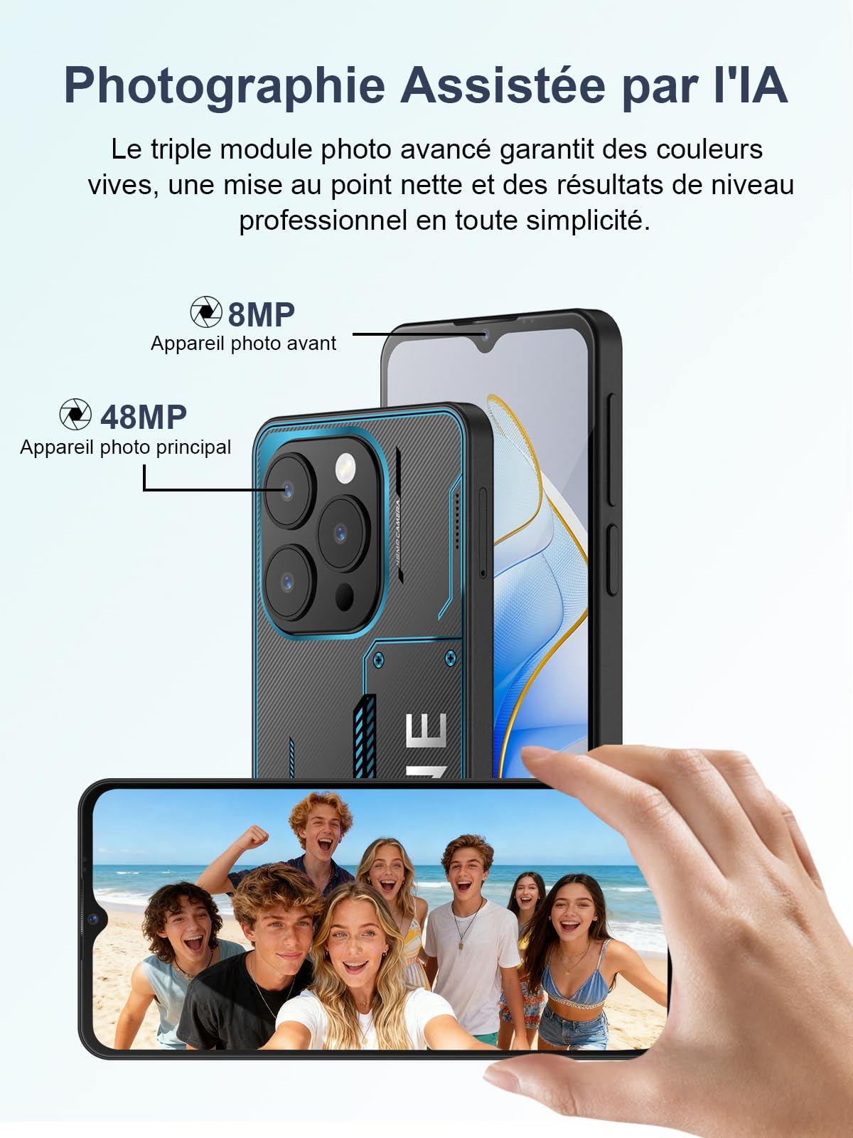 invens Note 12P Téléphone Portable Pas Cher, Écran 6.6" HD+, Caméra 48MP+8MP, Batterie 5000mAh, 16GB RAM 128GB ROM, Android 15 Smartphone débloqués, Double SIM + TF, Face ID/Empreinte, Bleu Cyber