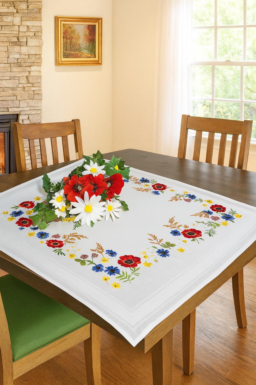 Pacchetto punto croce " Paradiso di fiori " con Papaveri e Fiordalisi - Tovaglia ricamata 85 cm x 85 cm con bordo con punto a giorno - punti predisegnati - Filo 100 % Cotone - di alta qualità - pronto per essere lavorato - Tovaglia 85 x 85 - lavoro al pun