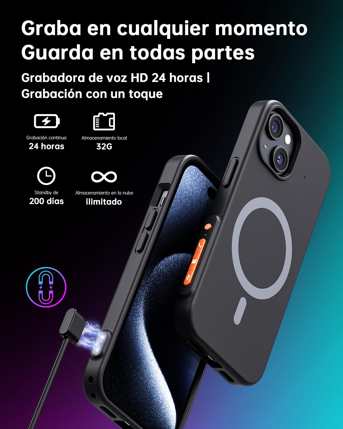 Grabadora de Voz AI con Funda para Teléfono, Transcripción y Resumen Mediante IA, Control de la App, 32GB, Soporta 80+ Idiomas para Reuniones, Conferencias y Llamadas, Compatible con iPhone 15