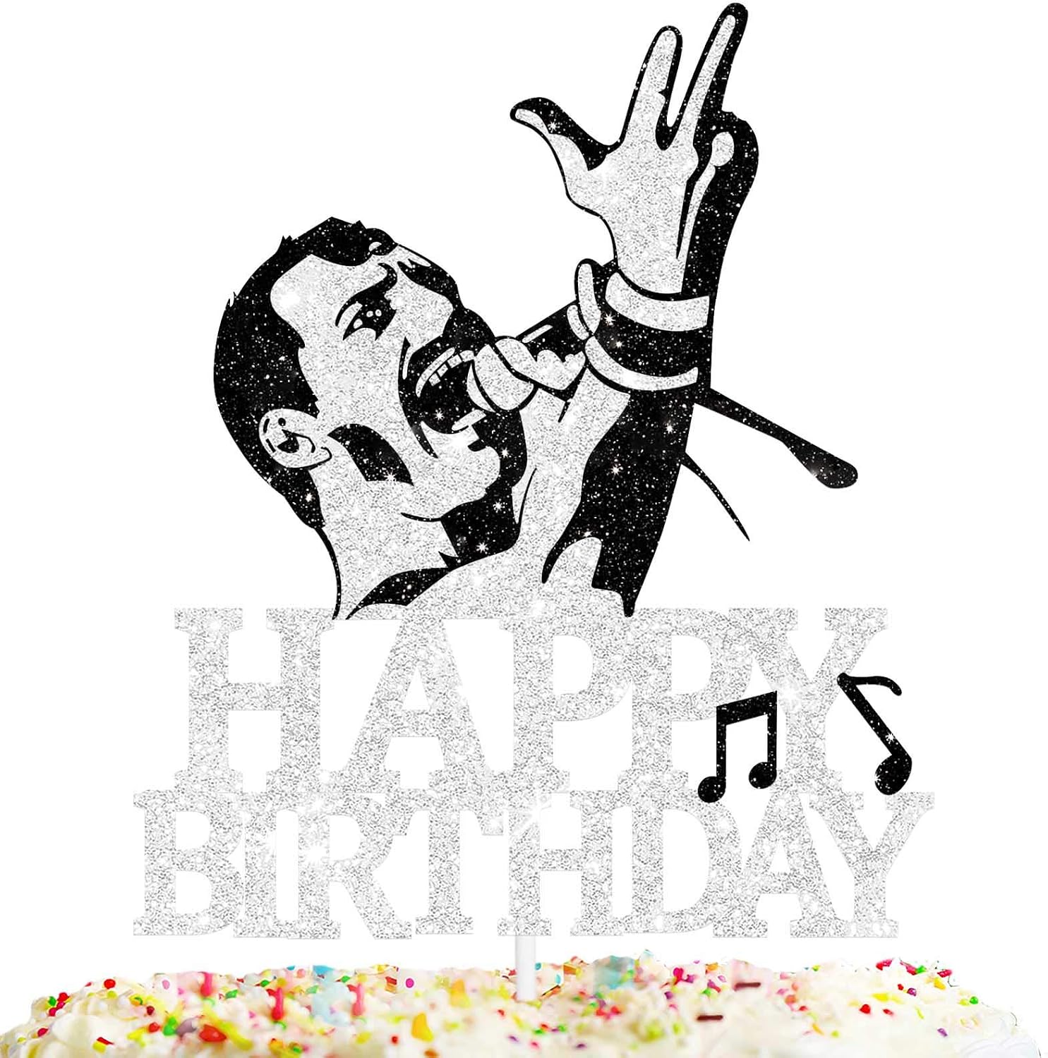 Happy Birthday Cake Topper King of Rock Theme Silver Glitter Decor Picks for Queen Freddie Mercury Party Decorations Supplies