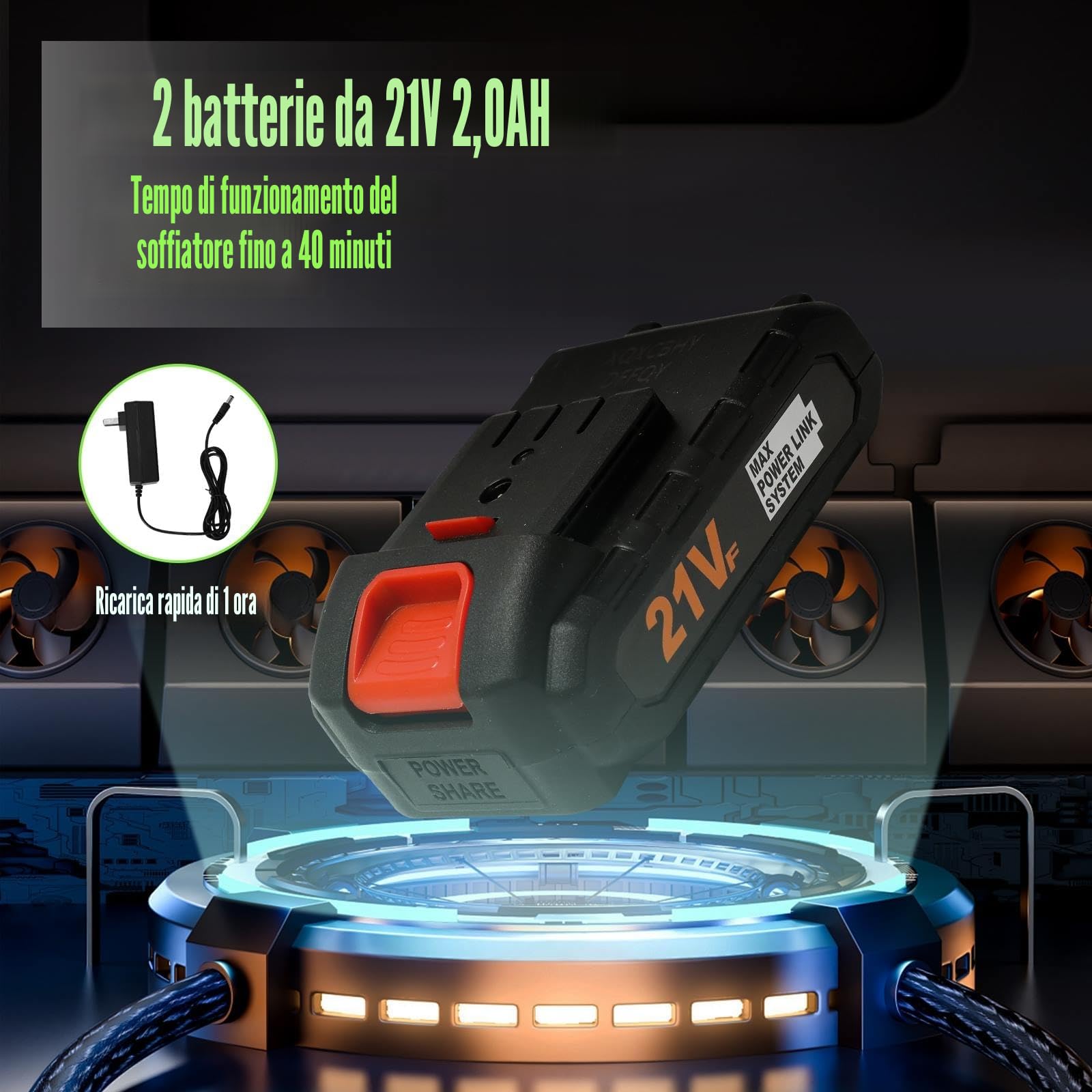 Soffiatore senza fili 21 V, soffiatore a batteria con batteria e caricatore rapido, volume aria: 8 m/min, velocità a vuoto: 0-15000 giri/min, 2 velocità, portatile 1,6 kg per giardini (batteria*2)