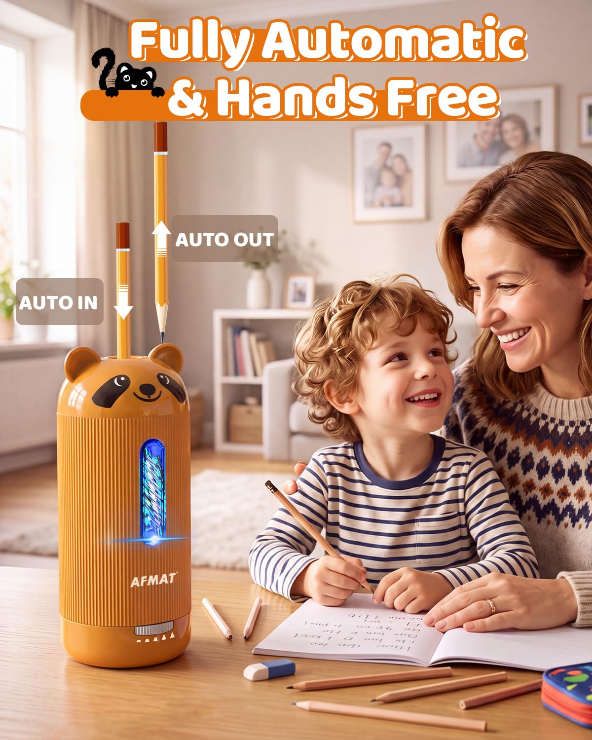 AFMAT Temperamatite elettrico con contenitore e 5 livelli di affilatura, auto in e out, temperamatite rapido ad alte prestazioni per matite spesse e sottili (6,5-12 mm), USB-C, ricaricabile, per