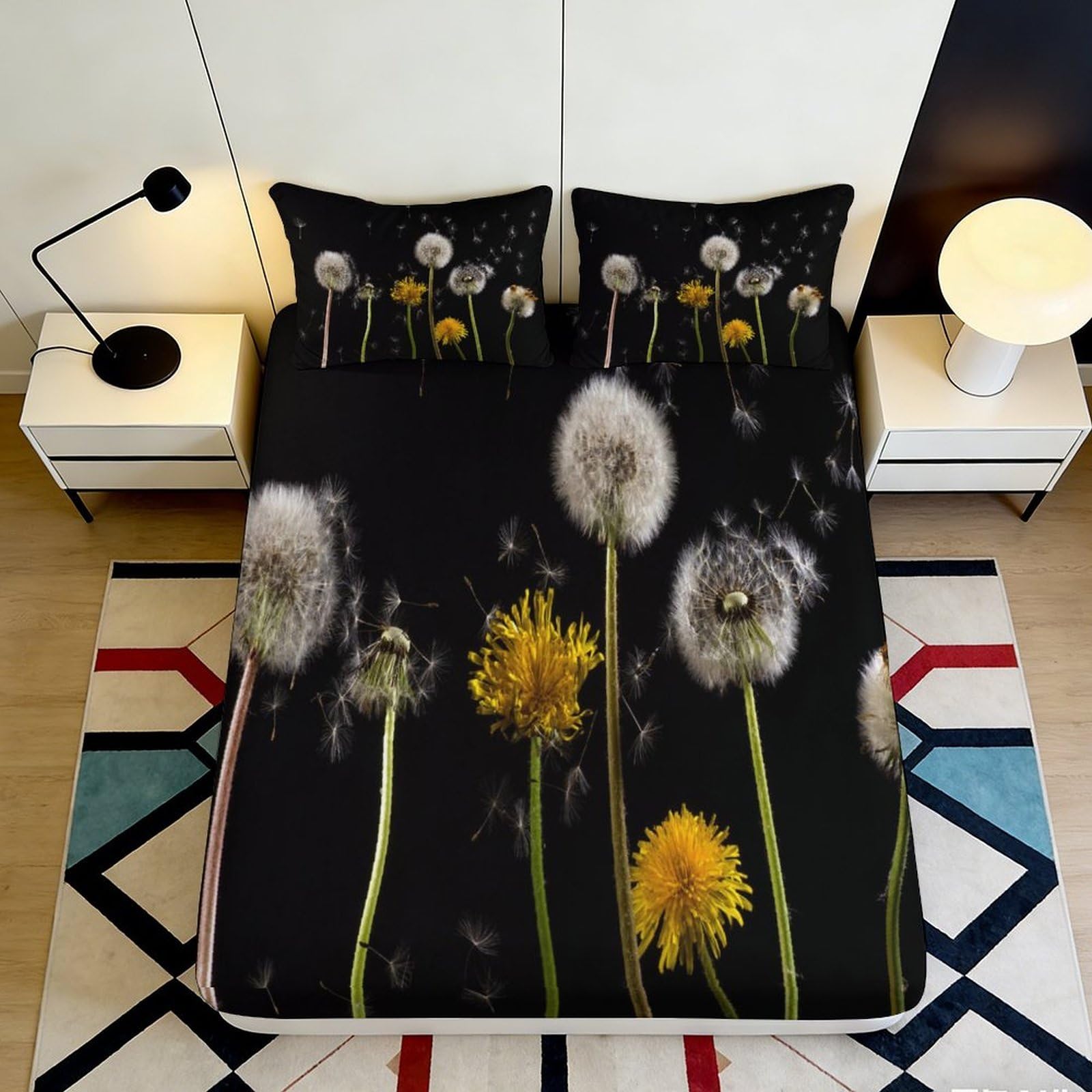 3D Printed Dandelion Fitted Sheet Microfiber Soft Breathable Puffball Bed Cover for Bedroom Dormitory Guest Room Mattress Protection Decor 200x200x25cm