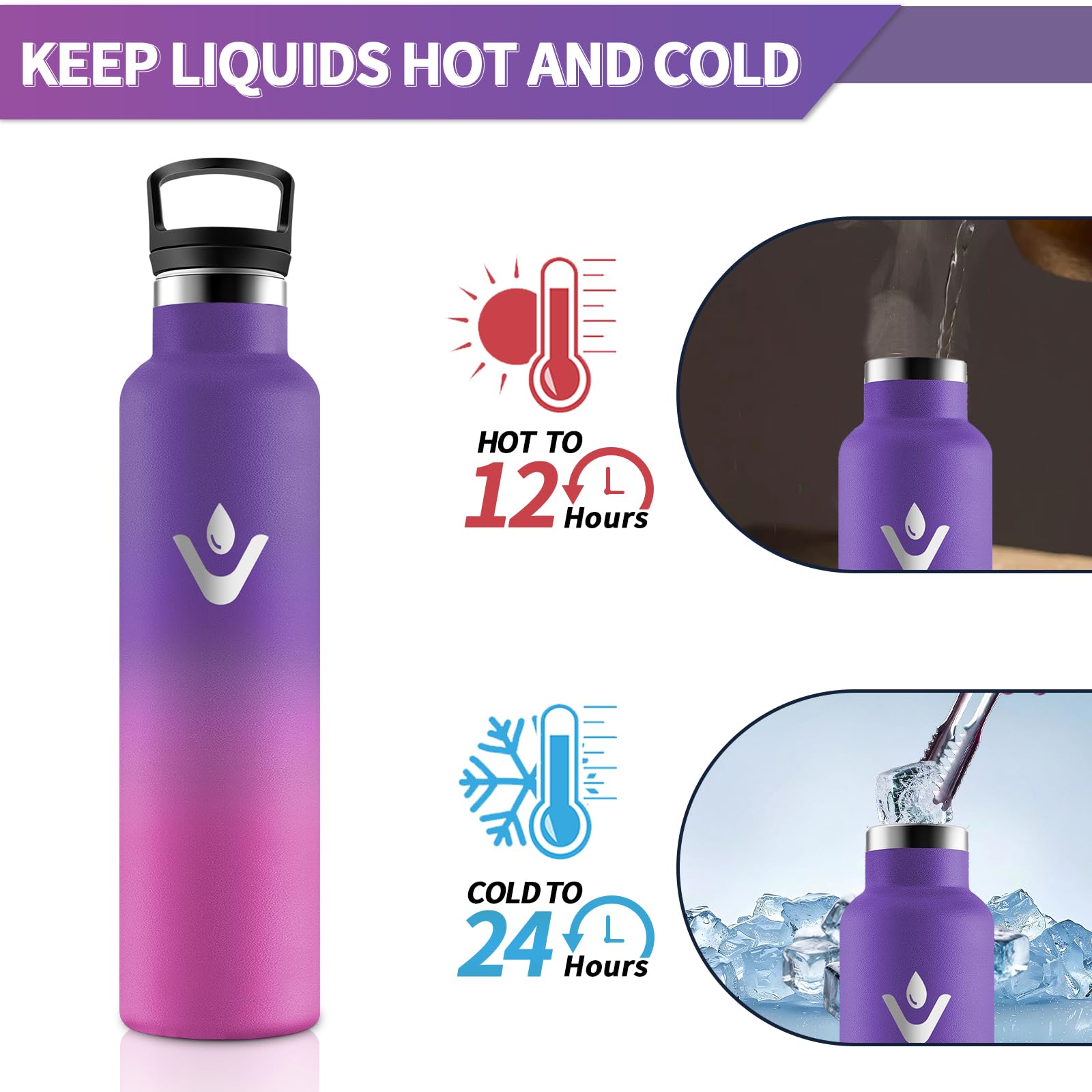 Motswedi Borraccia Termica 1 litro, Doppia Parete, Bottiglia Termica, a Prova di Perdite, Borraccia con Cannuccia, Acciaio Inox, Borracce Termiche, per Palestra, Outdoor, Campeggio, Viola & Rosa