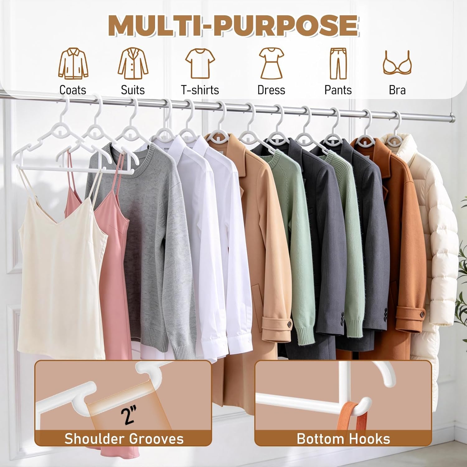 Heavy Duty Plastic Hangers 50 Pack, Stackable Space Saving, with 360° Swivel Hook, Non Slip Shoulder Grooves, for Suits, Shirts, Coats, Durable & Strong Closet Organizers, White