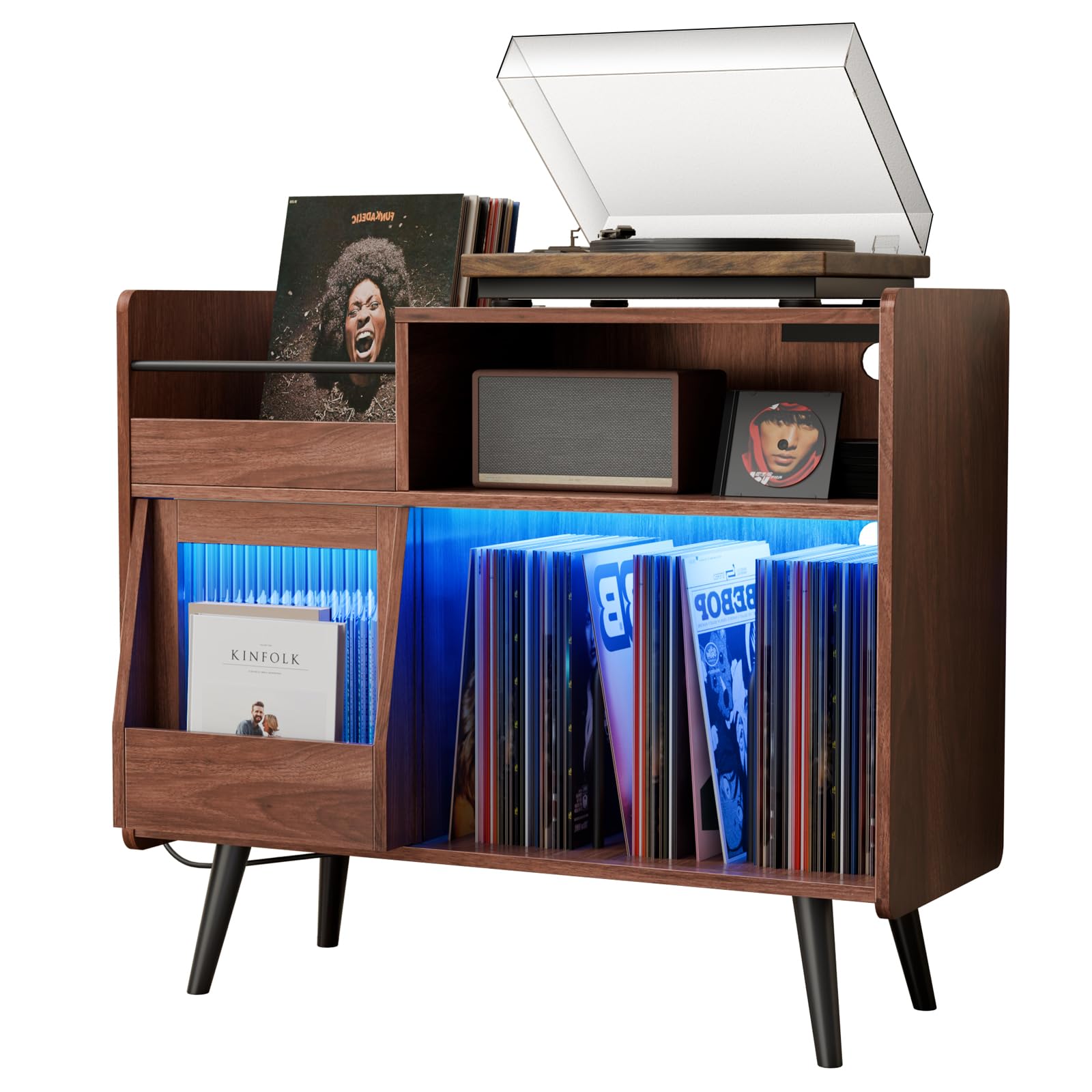 Large Record Player Stand,Turntable Stand Shelf w/Power Outlet &amp; LED Light