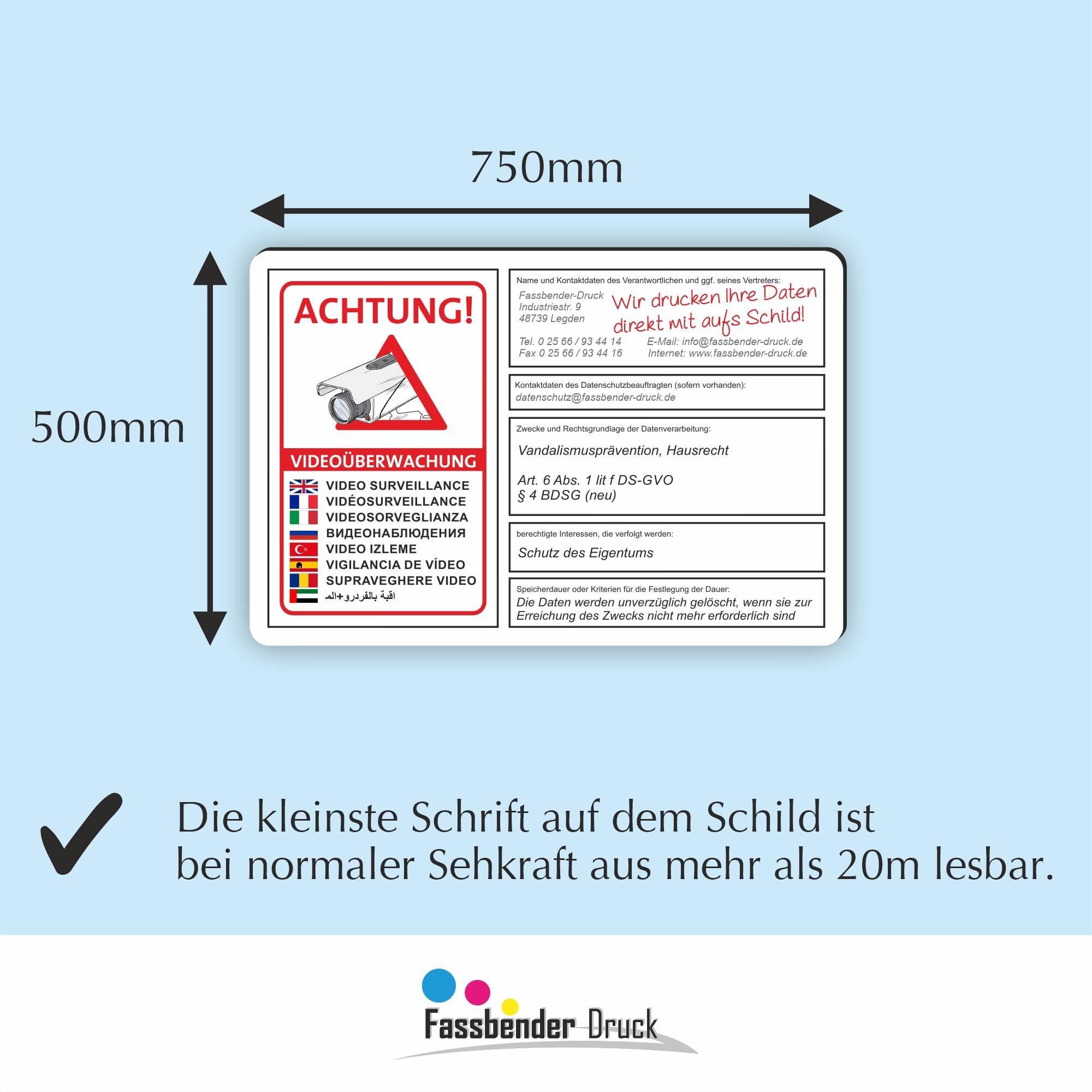 VIDEOÜBERWACHT DSGVO (BDSG) konform personalisiertes Schild zum Markieren eines videoüberwachten Bereiches - Videoüberwachungsschild mit Wunschtext (75x50cm SCHILD)