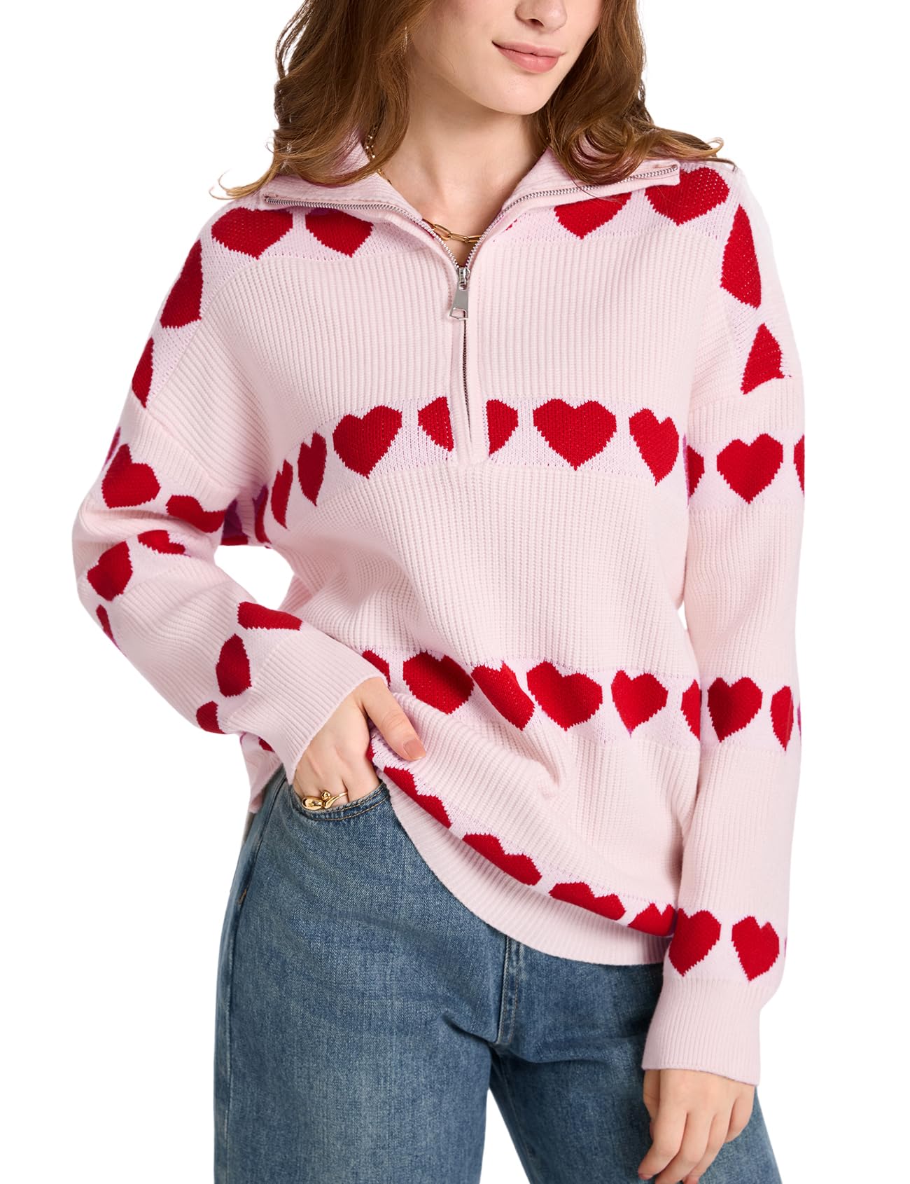 Yimoon Heart Sweater for Women Quarter Zip Oversized Valentines Sweater Cute Long Sleeve Chunky Knit Pullover Tops
