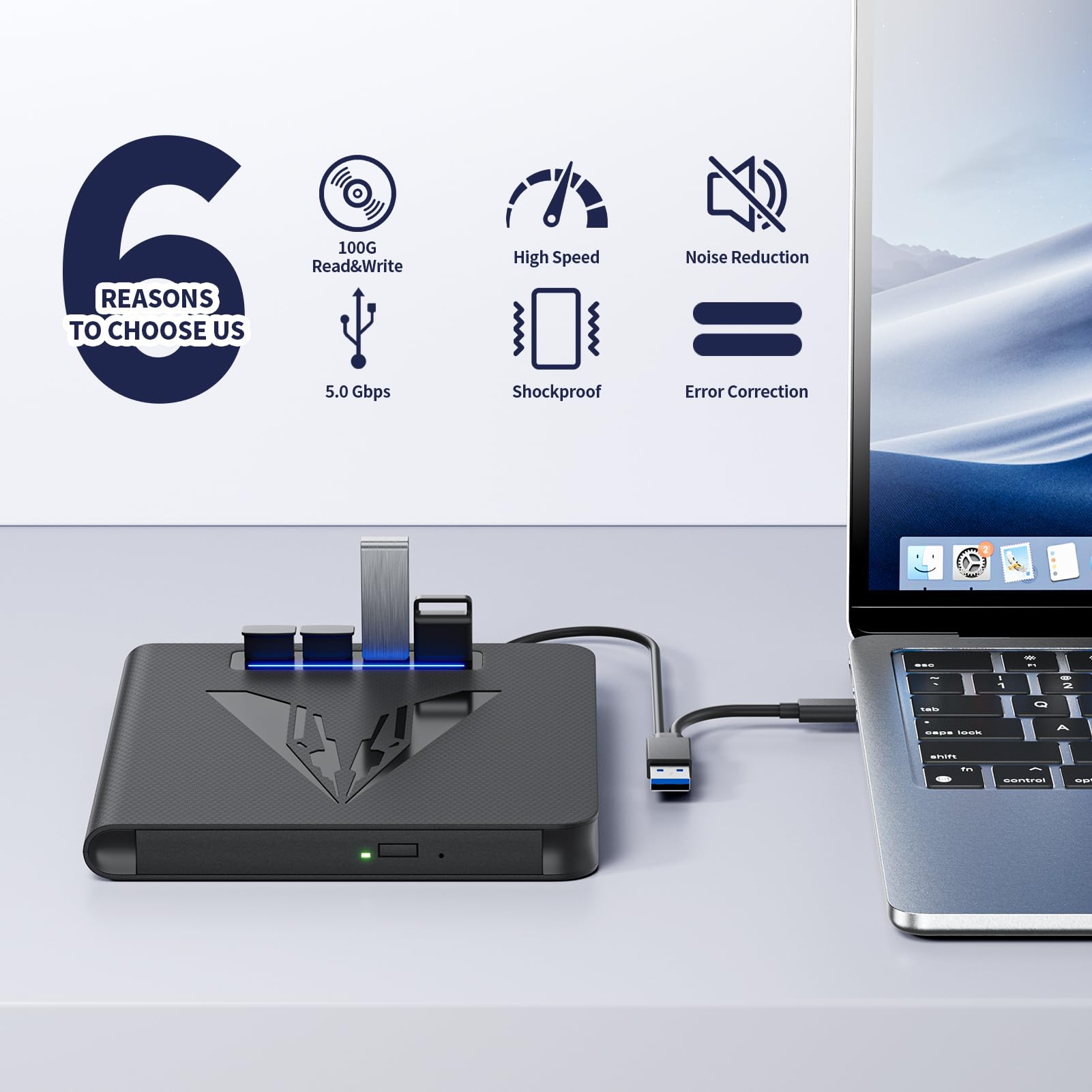 Unidad Blu Ray externa 7 en 1 y quemador para PC portátil, grabadora Blu Ray/DVD/CD portátil con soporte de disco de 100 GB, lector de tarjetas SD/TF y hub USB 3.0 para Windows MacOS Linux