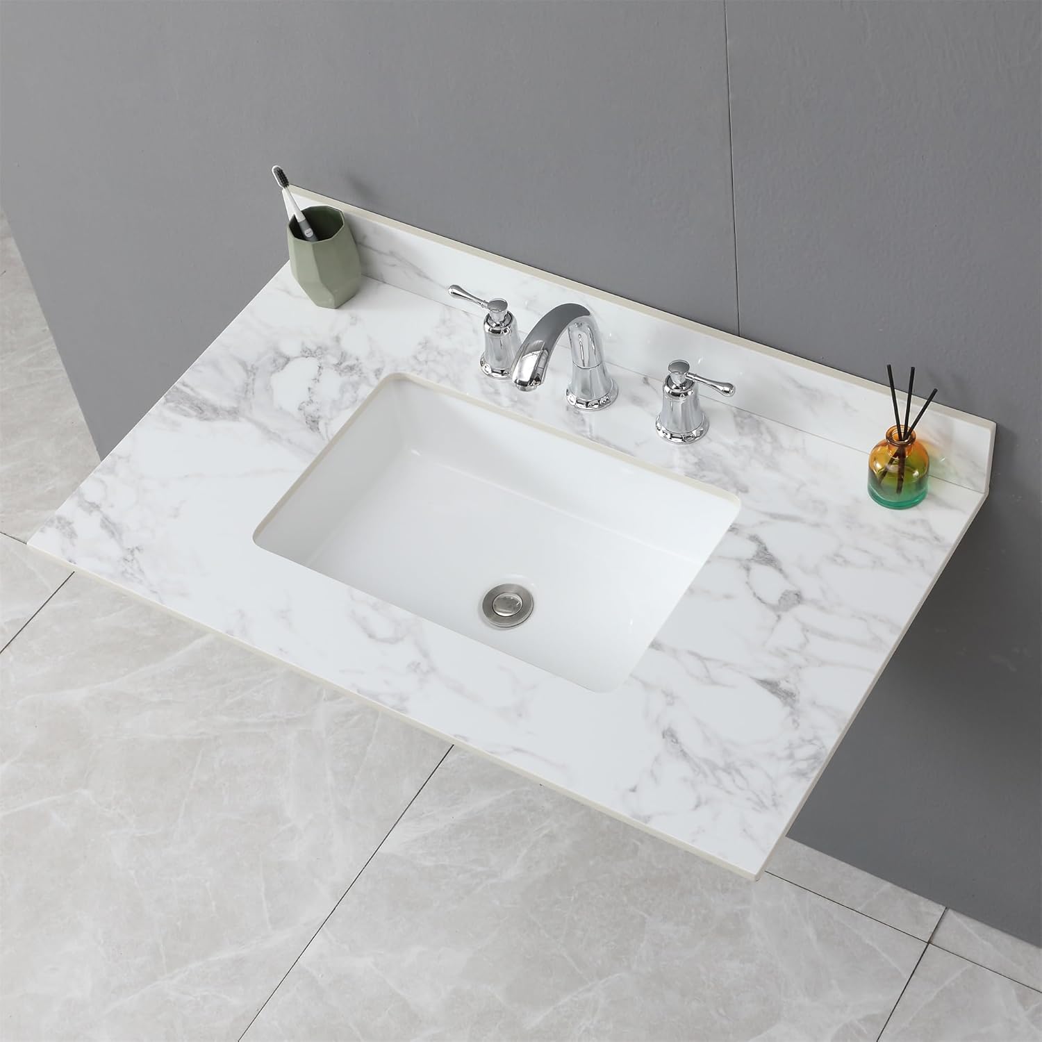 37" Bathroom Vanity Top with Ceramic Undermount Sink & Backsplash,Binaco Carrara White Sintered Stone Counter Top, 3 Holes Vanity Sink Top