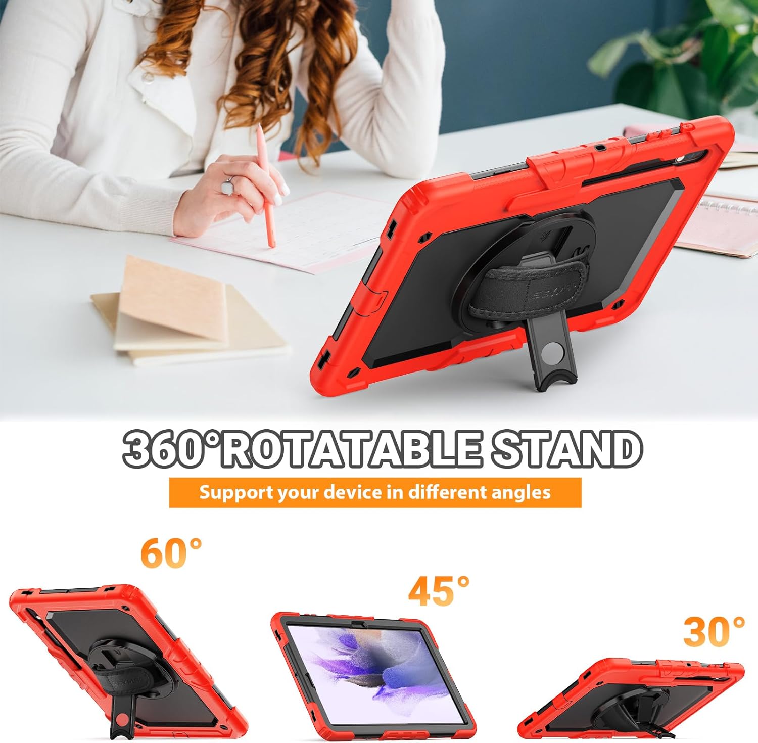 SEYMAC for Samsung Galaxy Tab S7 FE/Tab S8 Plus/ S7 Plus Case 12.4'', Heavy Duty Full-Body Shockproof Protective Case with Screen Protector, Rotating Stand, Hand/Shoulder Strap and Pen Holder, Red