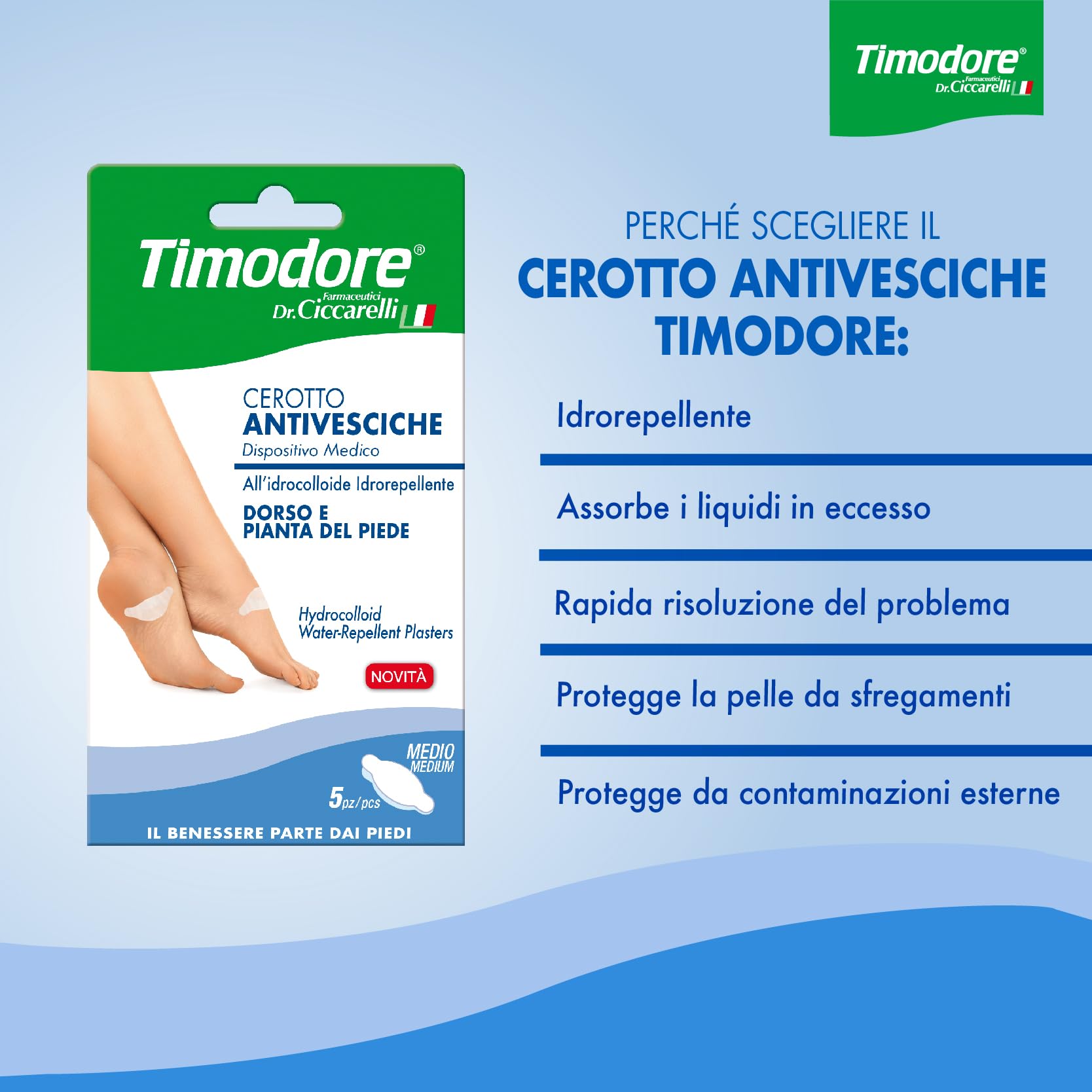 Timodore, Cerotti Antivesciche Formato Medio per Dorso e Pianta del Piede, Elimina la Vescica, Assorbendo i Liquidi in Eccesso, 100% Made in Italy, Dermatologicamente Testato, 6 Confezioni da 5 pz