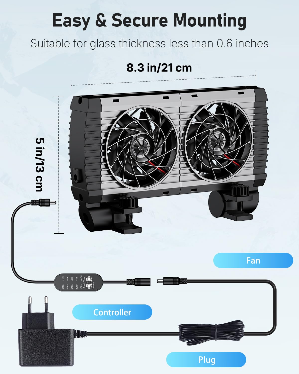 Pawfly Aquarium Kühler, Leiser Aquarium durchlaufkühler, Aquarium Lüfter mit Einstellbarer Geschwindigkeit und Timer, Terrarium Wasserkühler für bis zu 60cm Süß- und Salzwasserbecken (2 Lüfter)