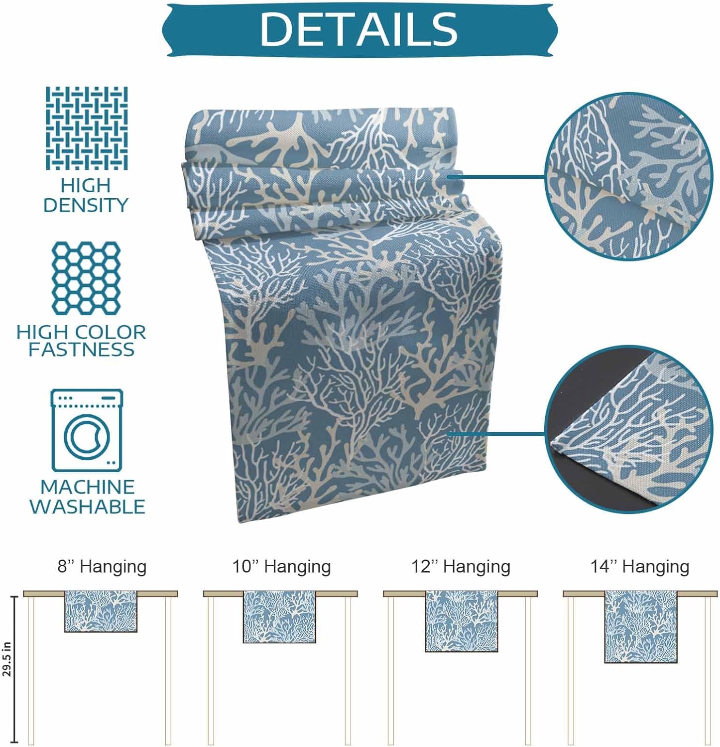Blue Coral Coastal Table Runner - 120 Inch Long Ocean Nautical Seaside Beach Cotton and Linen Blended Dress Scarves Farmhouse Table Runner for Kitchen Dining, Coffee Table, 13" x 120"