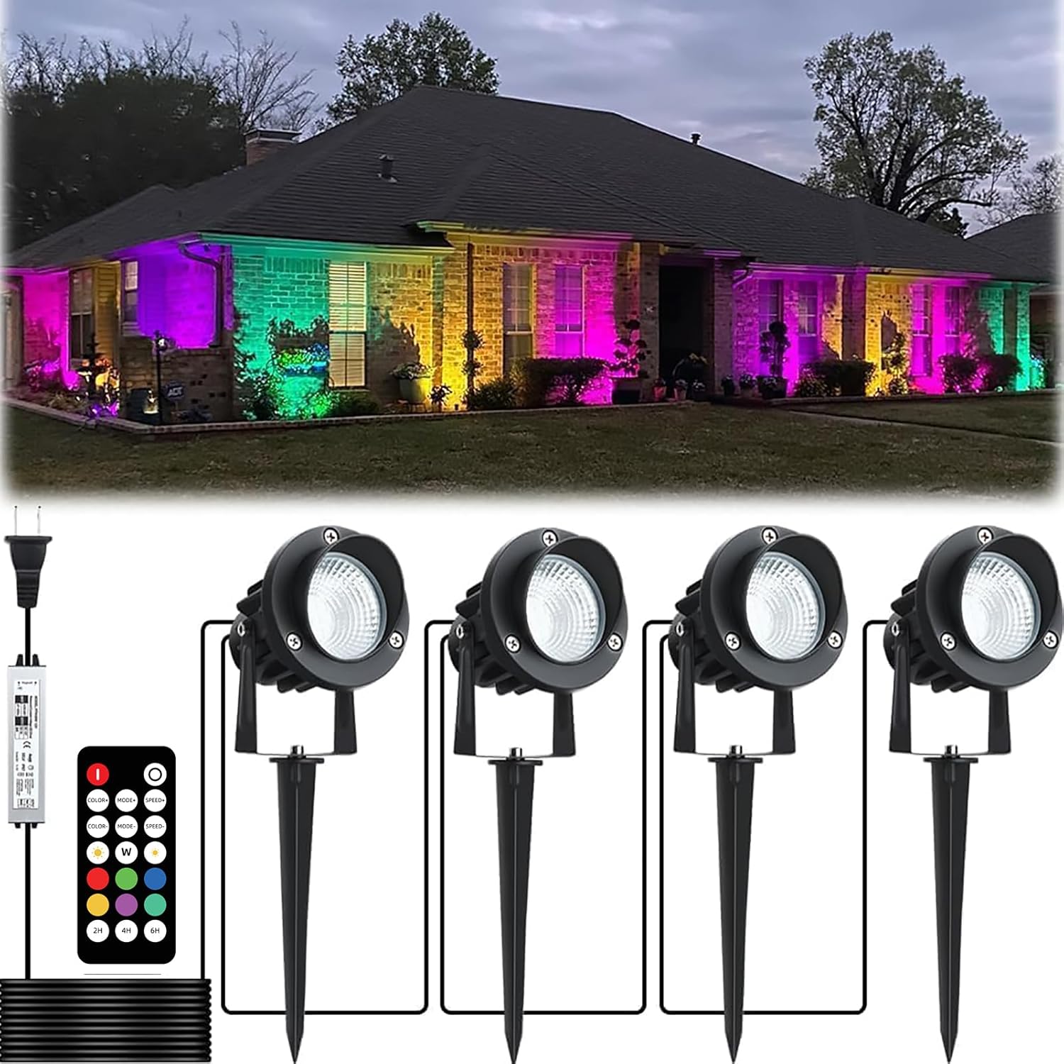 20W Outdoor RGB LED Spotlights 4 Pack, 120V 1000lm with Remote & Transformer, 12 Colors 19 Modes, IP65 Waterproof 46.5ft Cord, Landscape Lights for Yard Garden Christmas Halloween