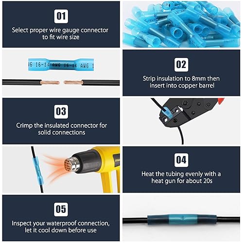Miniatura 5 de Conectores a tope termorretráctiles, 200 unidades de 16-14 AWG con aislamiento azul, impermeables, conectores de cable eléctrico de grado marino